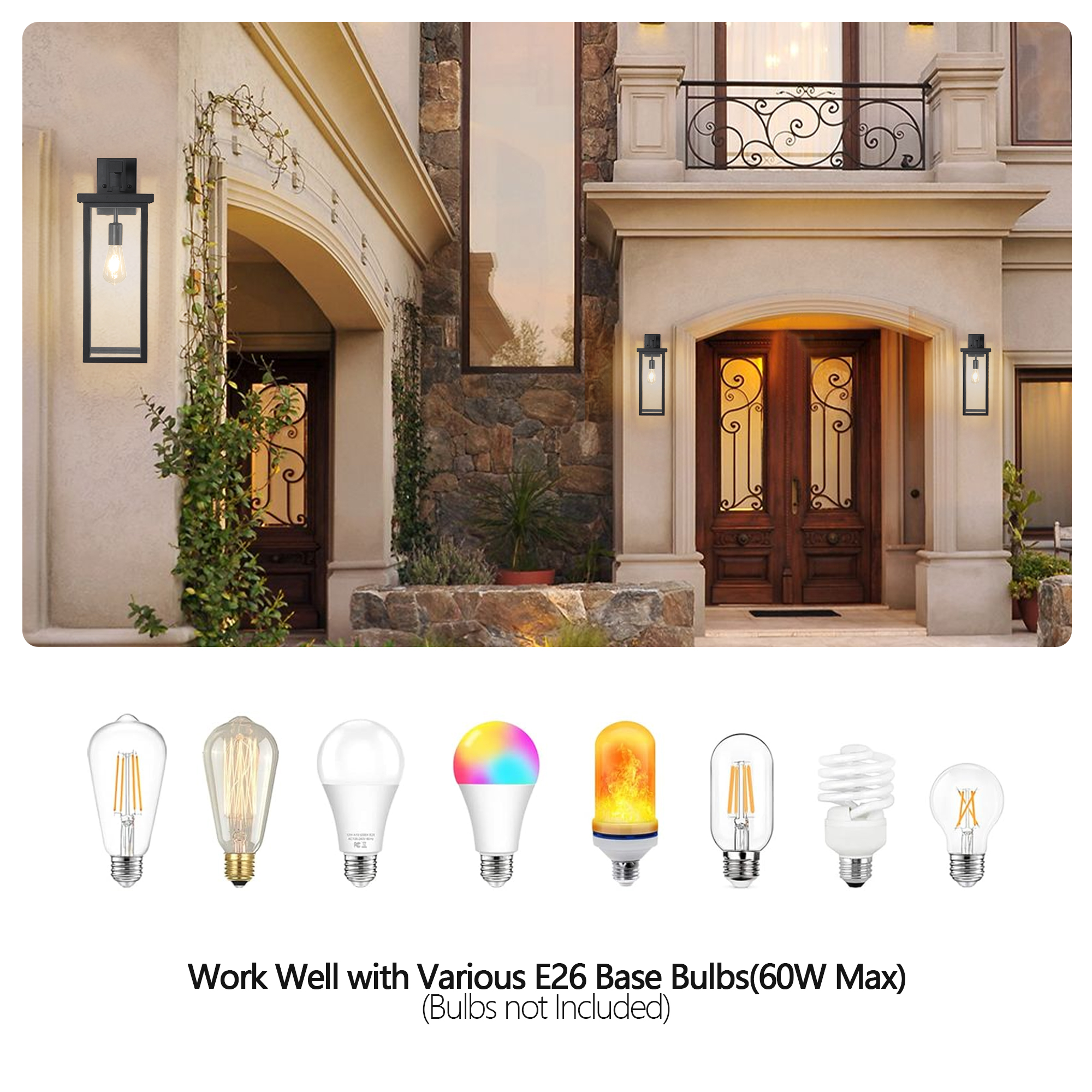 20"(H) Set of 2 Modern Outdoor Wall Lanterns with Black Metal Frame and Clear Glass, Weatherproof Wall Sconces for Porch, Garage, or Entryway Lighting, E26 Bulb Compatible (No Bulbs) - Image 6