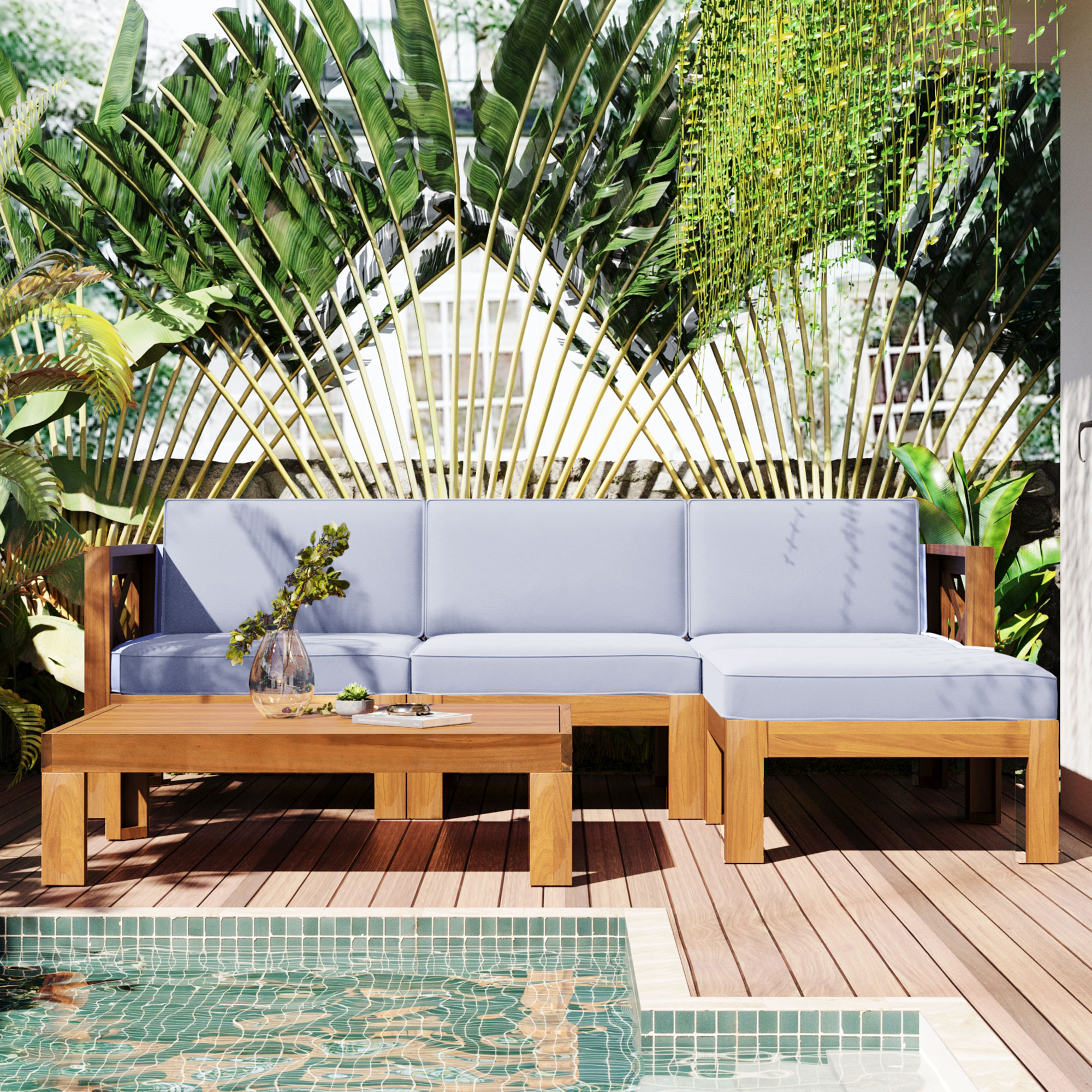 TOPMAX Outdoor Backyard Patio Wood 5-Piece Sectional Sofa Seating Group Set with Cushions, Natural Finish+ Gray Cushions