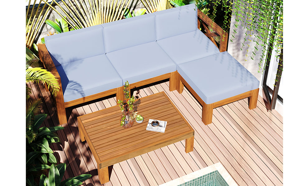 TOPMAX Outdoor Backyard Patio Wood 5-Piece Sectional Sofa Seating Group Set with Cushions, Natural Finish+ Gray Cushions - Image 3