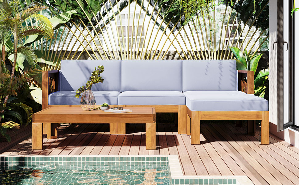 TOPMAX Outdoor Backyard Patio Wood 5-Piece Sectional Sofa Seating Group Set with Cushions, Natural Finish+ Gray Cushions - Image 4
