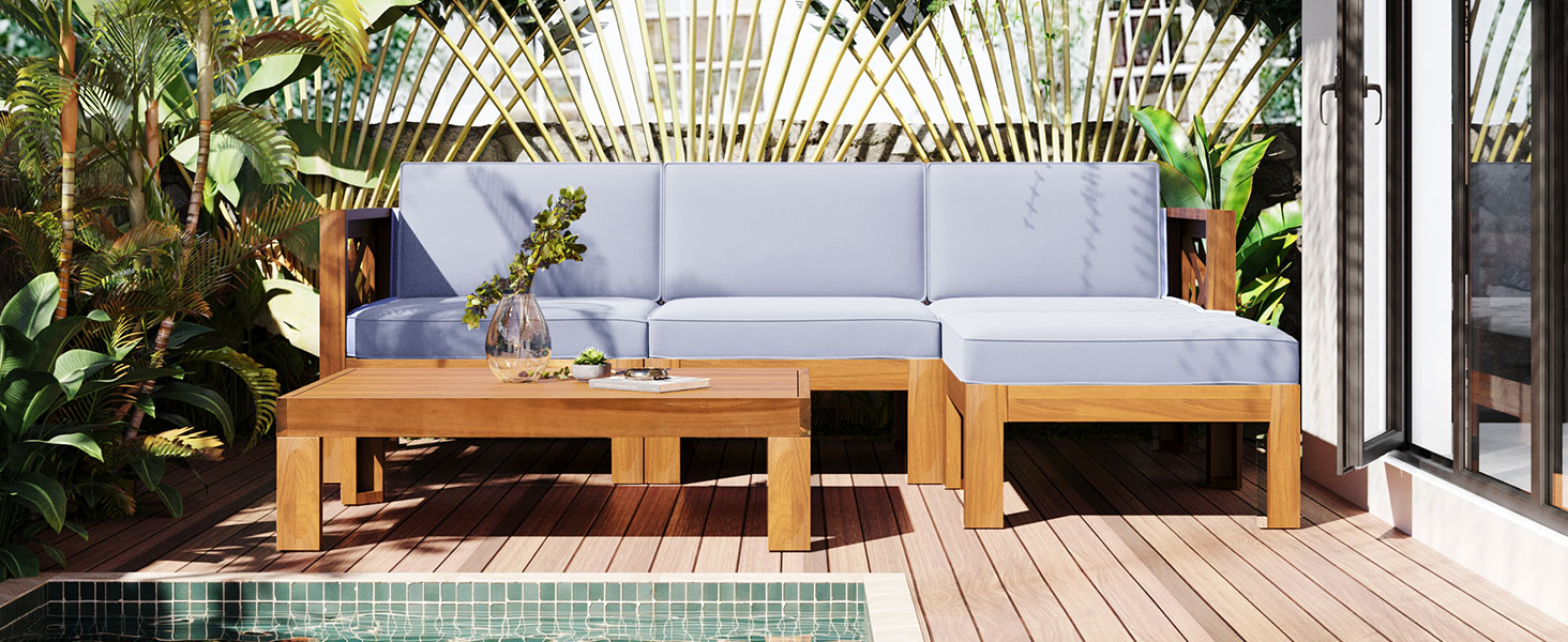 TOPMAX Outdoor Backyard Patio Wood 5-Piece Sectional Sofa Seating Group Set with Cushions, Natural Finish+ Gray Cushions - Image 5