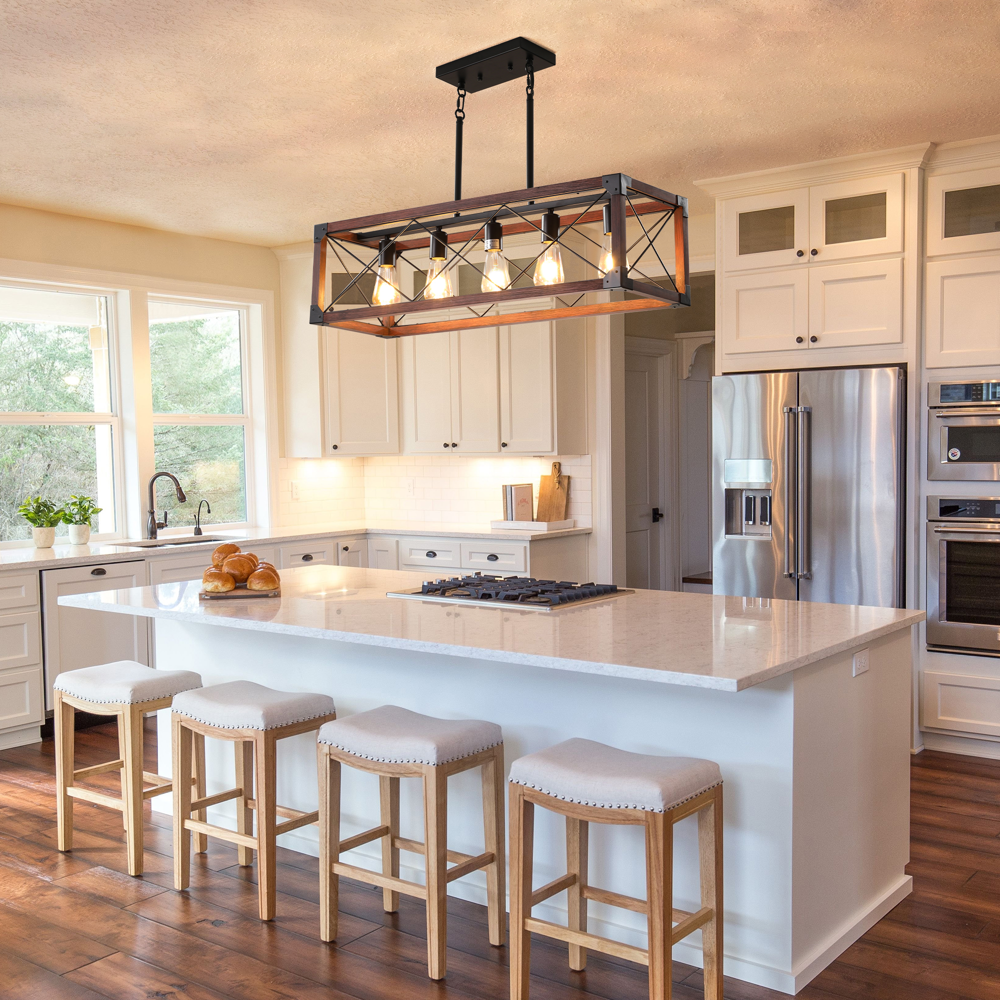 (Same as W1340P155968/L1011-RW) 32" Red Wood Industrial Farmhouse Rectangle Pendant Light, 5-Light Chandelier for Dining Room, Kitchen Island, Cafe Decor (No Bulbs) - Image 2