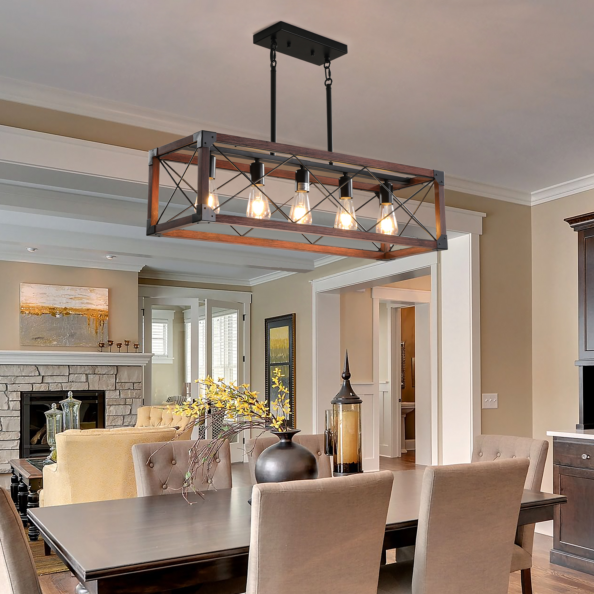 (Same as W1340P155968/L1011-RW) 32" Red Wood Industrial Farmhouse Rectangle Pendant Light, 5-Light Chandelier for Dining Room, Kitchen Island, Cafe Decor (No Bulbs) - Image 3