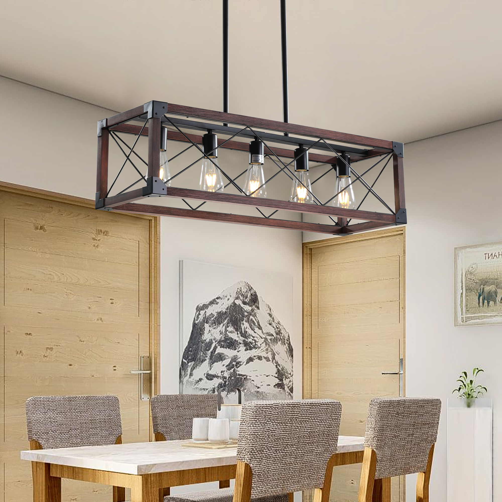 (Same as W1340P155968/L1011-RW) 32" Red Wood Industrial Farmhouse Rectangle Pendant Light, 5-Light Chandelier for Dining Room, Kitchen Island, Cafe Decor (No Bulbs) - Image 4