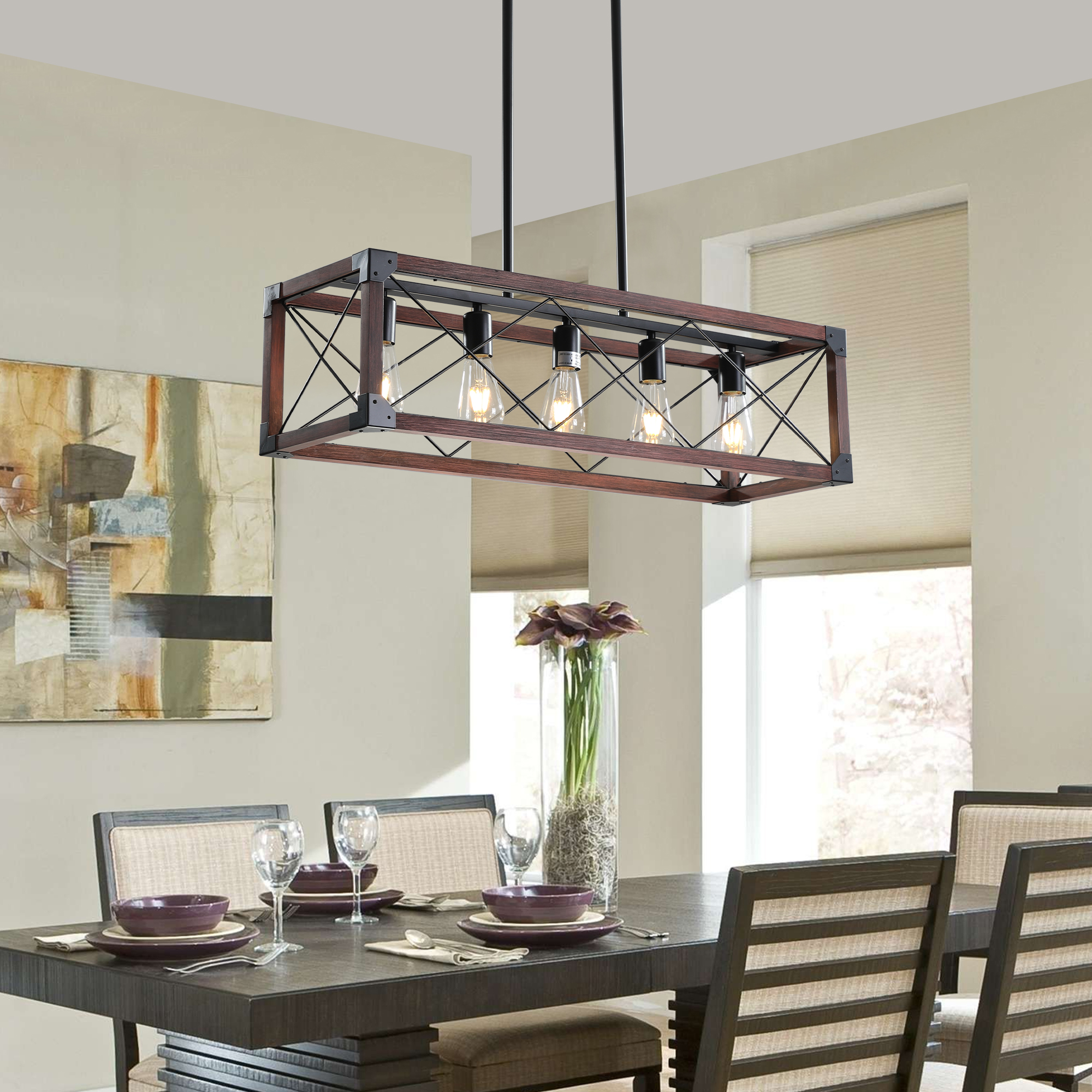 (Same as W1340P155968/L1011-RW) 32" Red Wood Industrial Farmhouse Rectangle Pendant Light, 5-Light Chandelier for Dining Room, Kitchen Island, Cafe Decor (No Bulbs) - Image 5