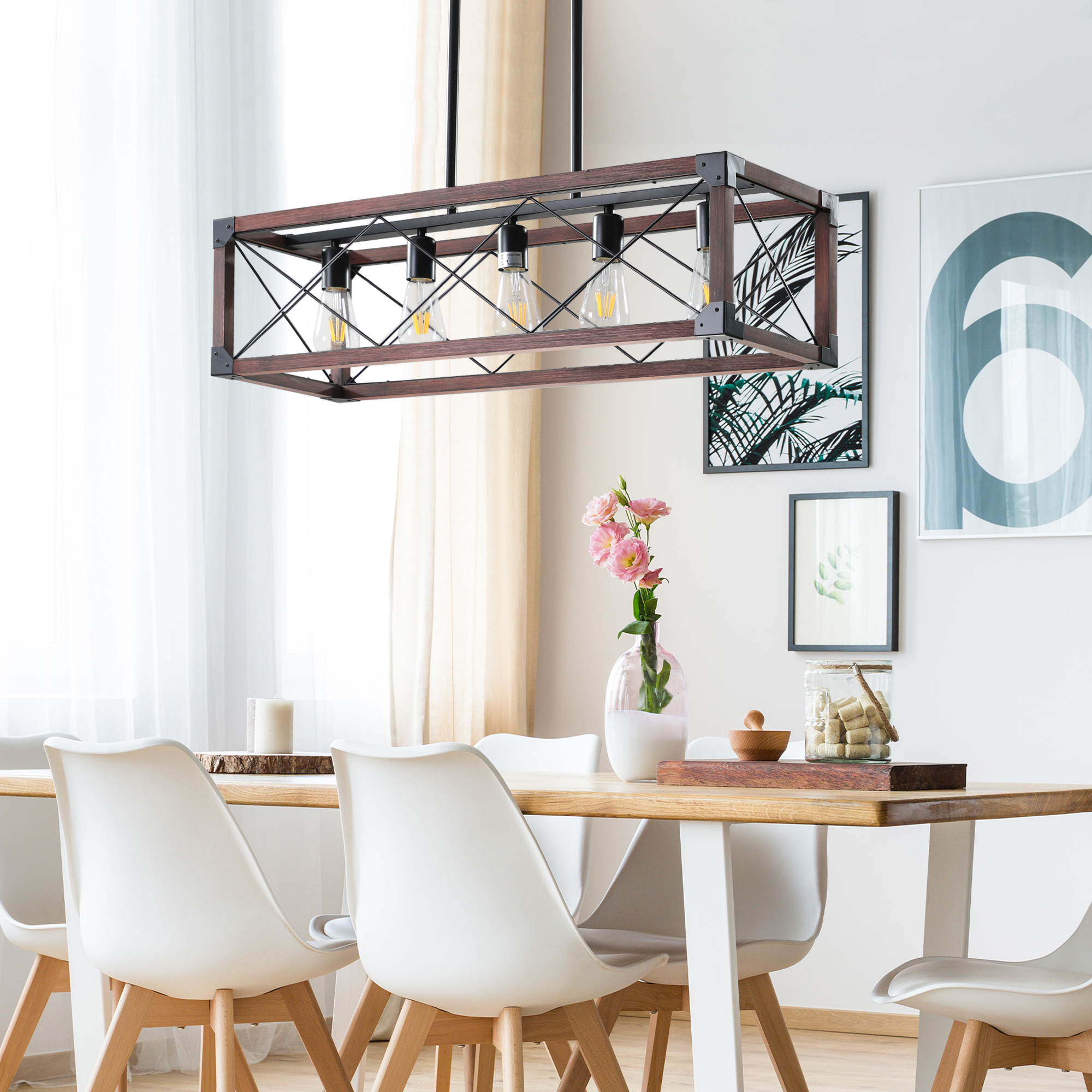 (Same as W1340P155968/L1011-RW) 32" Red Wood Industrial Farmhouse Rectangle Pendant Light, 5-Light Chandelier for Dining Room, Kitchen Island, Cafe Decor (No Bulbs) - Image 6