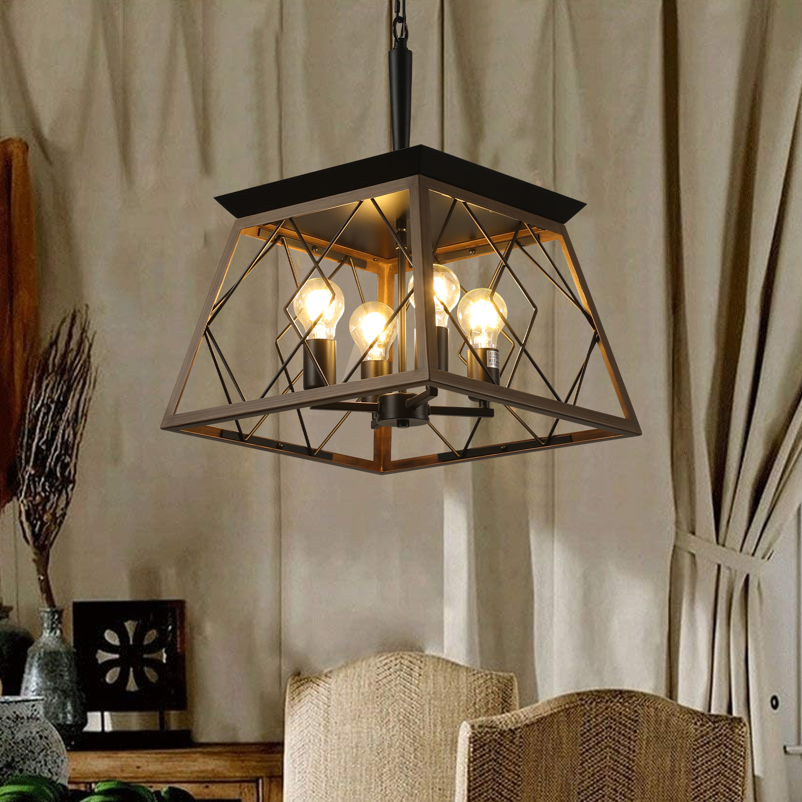 (Same as W1340111202/L1008) 16" Walnut Industrial 4-Light Pendant Chandelier, Modern Metal Cage Design, Adjustable Hanging Light for Dining Room, Kitchen, Living Room (No Bulbs) - Image 2