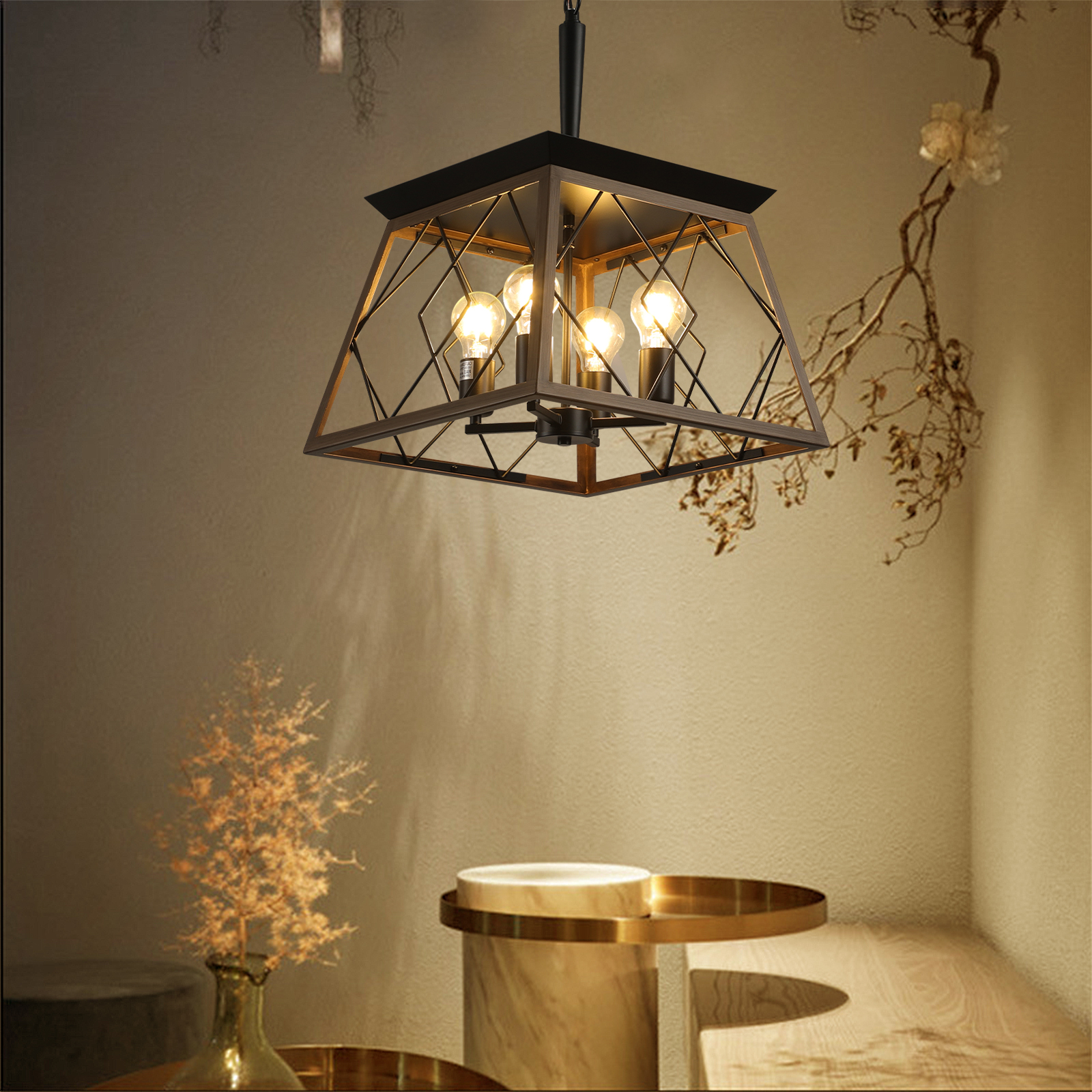 (Same as W1340111202/L1008) 16" Walnut Industrial 4-Light Pendant Chandelier, Modern Metal Cage Design, Adjustable Hanging Light for Dining Room, Kitchen, Living Room (No Bulbs) - Image 3