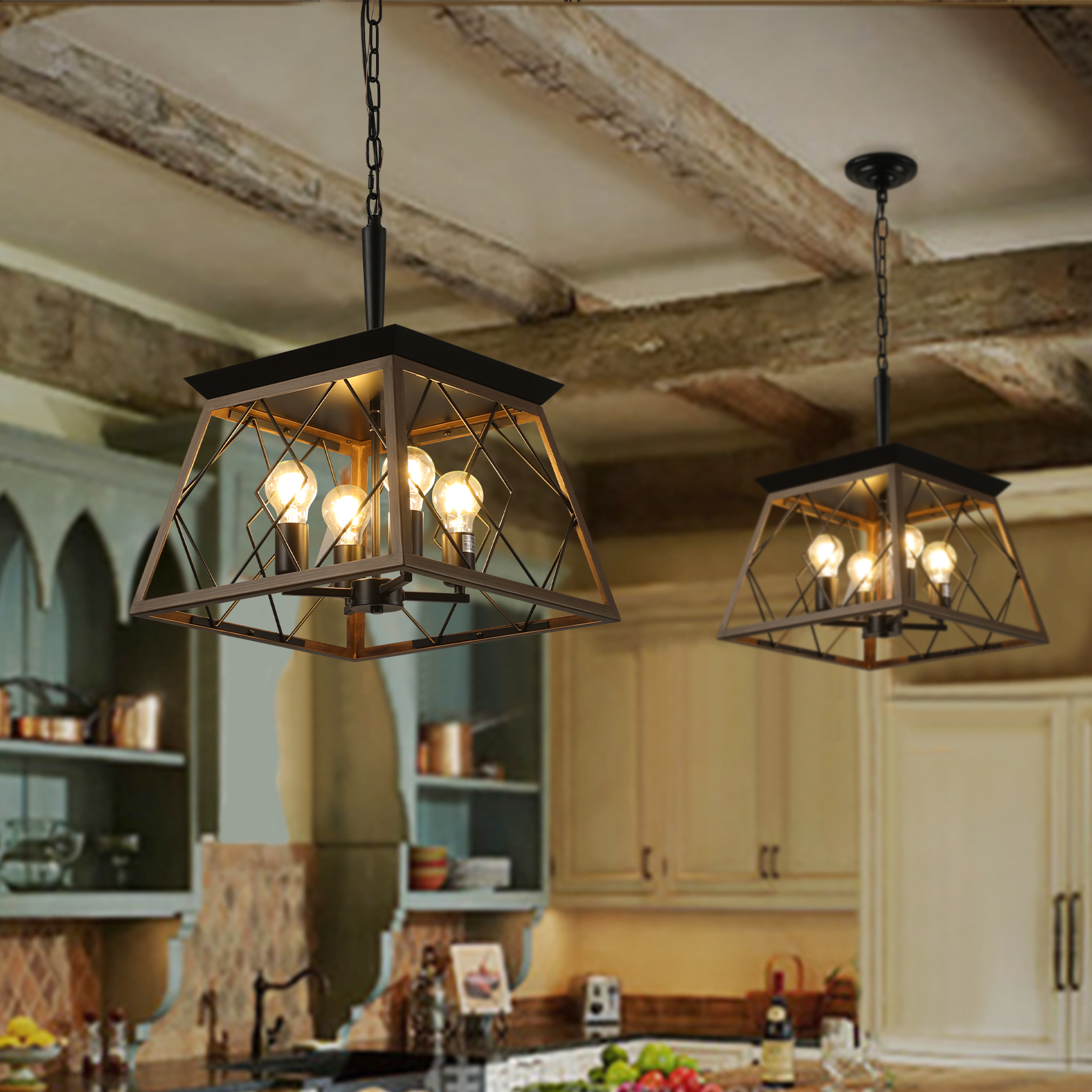 (Same as W1340111202/L1008) 16" Walnut Industrial 4-Light Pendant Chandelier, Modern Metal Cage Design, Adjustable Hanging Light for Dining Room, Kitchen, Living Room (No Bulbs) - Image 4