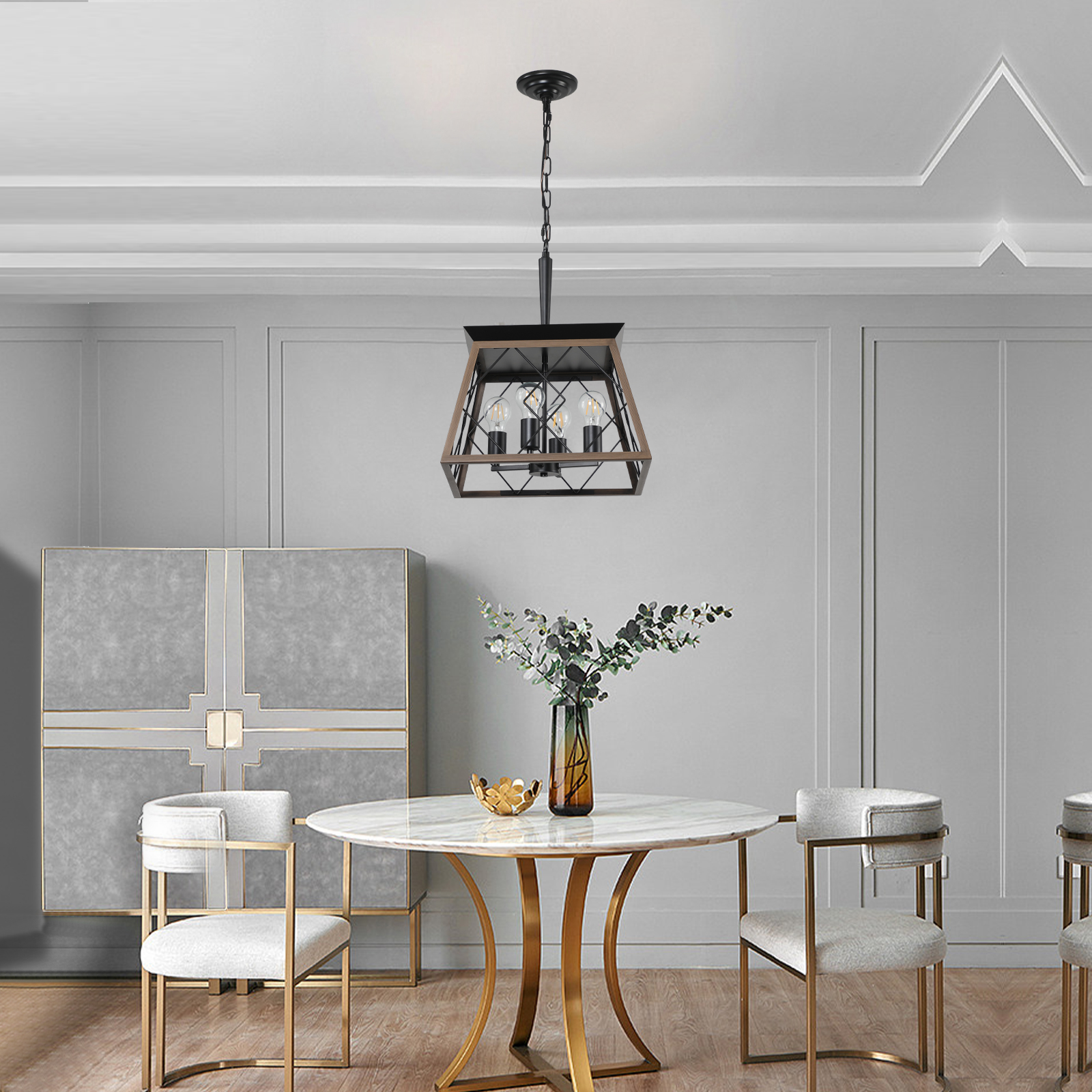 (Same as W1340111202/L1008) 16" Walnut Industrial 4-Light Pendant Chandelier, Modern Metal Cage Design, Adjustable Hanging Light for Dining Room, Kitchen, Living Room (No Bulbs) - Image 5