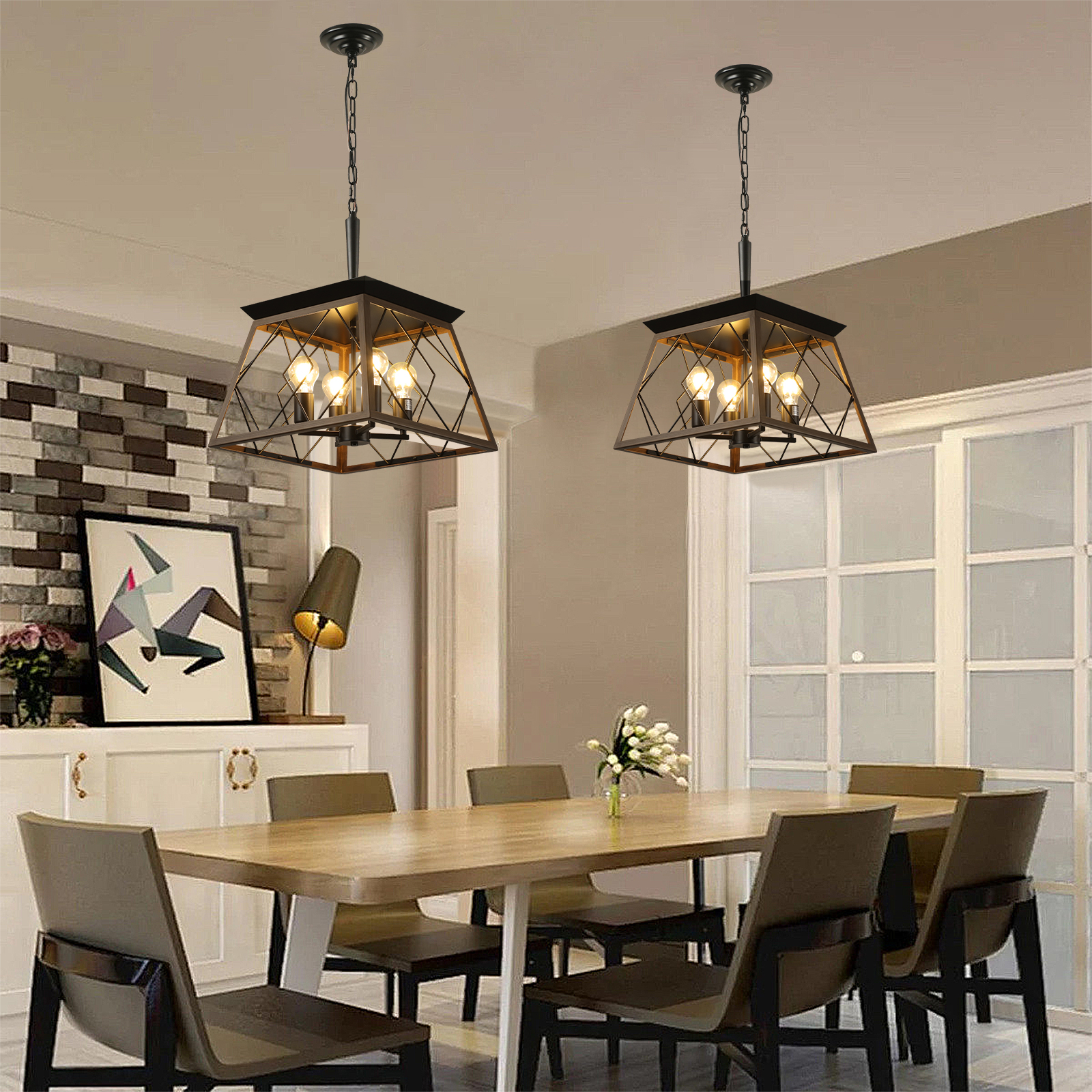 (Same as W1340111202/L1008) 16" Walnut Industrial 4-Light Pendant Chandelier, Modern Metal Cage Design, Adjustable Hanging Light for Dining Room, Kitchen, Living Room (No Bulbs) - Image 6