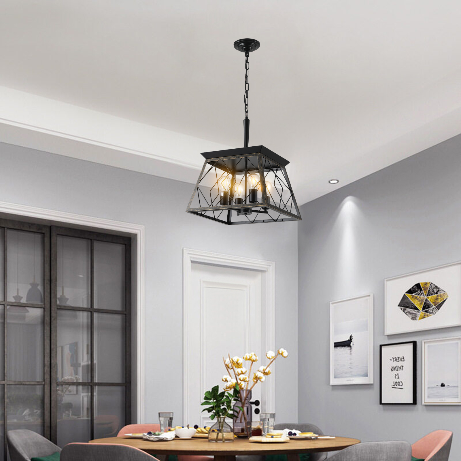 (Same as W1340111204/L1010) 16" Black Gold Industrial 4-Light Pendant Chandelier, Modern Metal Cage Design, Adjustable Hanging Light for Dining Room, Kitchen, Living Room (No Bulbs) - Image 2
