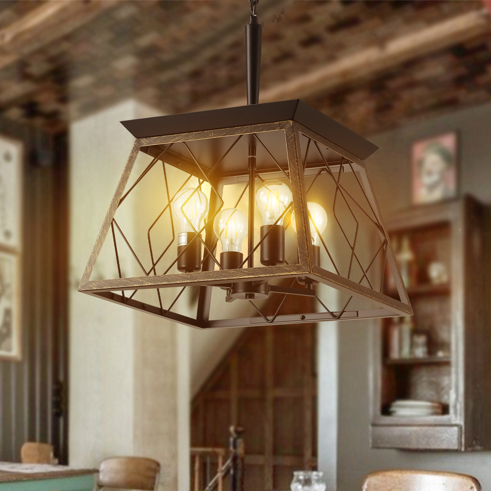 (Same as W1340111204/L1010) 16" Black Gold Industrial 4-Light Pendant Chandelier, Modern Metal Cage Design, Adjustable Hanging Light for Dining Room, Kitchen, Living Room (No Bulbs) - Image 3