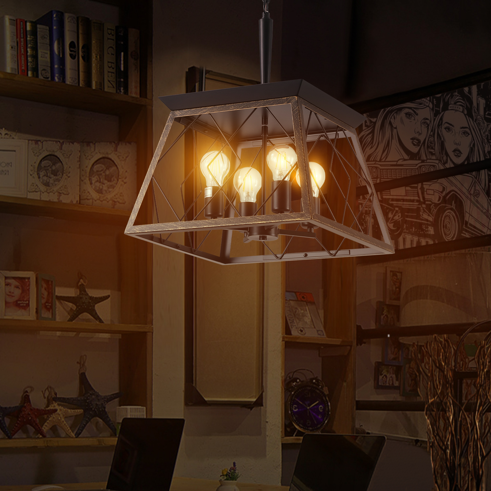 (Same as W1340111204/L1010) 16" Black Gold Industrial 4-Light Pendant Chandelier, Modern Metal Cage Design, Adjustable Hanging Light for Dining Room, Kitchen, Living Room (No Bulbs) - Image 4