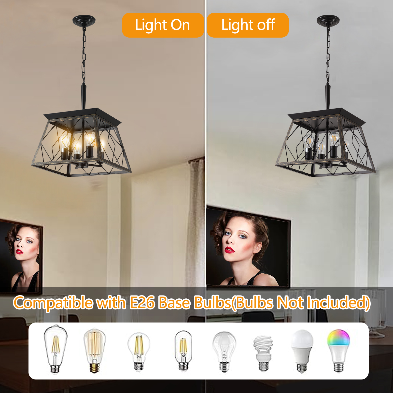 (Same as W1340111204/L1010) 16" Black Gold Industrial 4-Light Pendant Chandelier, Modern Metal Cage Design, Adjustable Hanging Light for Dining Room, Kitchen, Living Room (No Bulbs) - Image 6