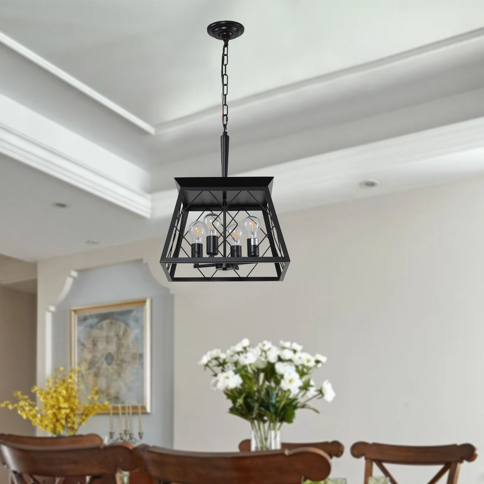 (Same as W1340111203/L1009) 16" Black Industrial 4-Light Pendant Chandelier, Modern Metal Cage Design, Adjustable Hanging Light for Dining Room, Kitchen, Living Room (No Bulbs) - Image 2