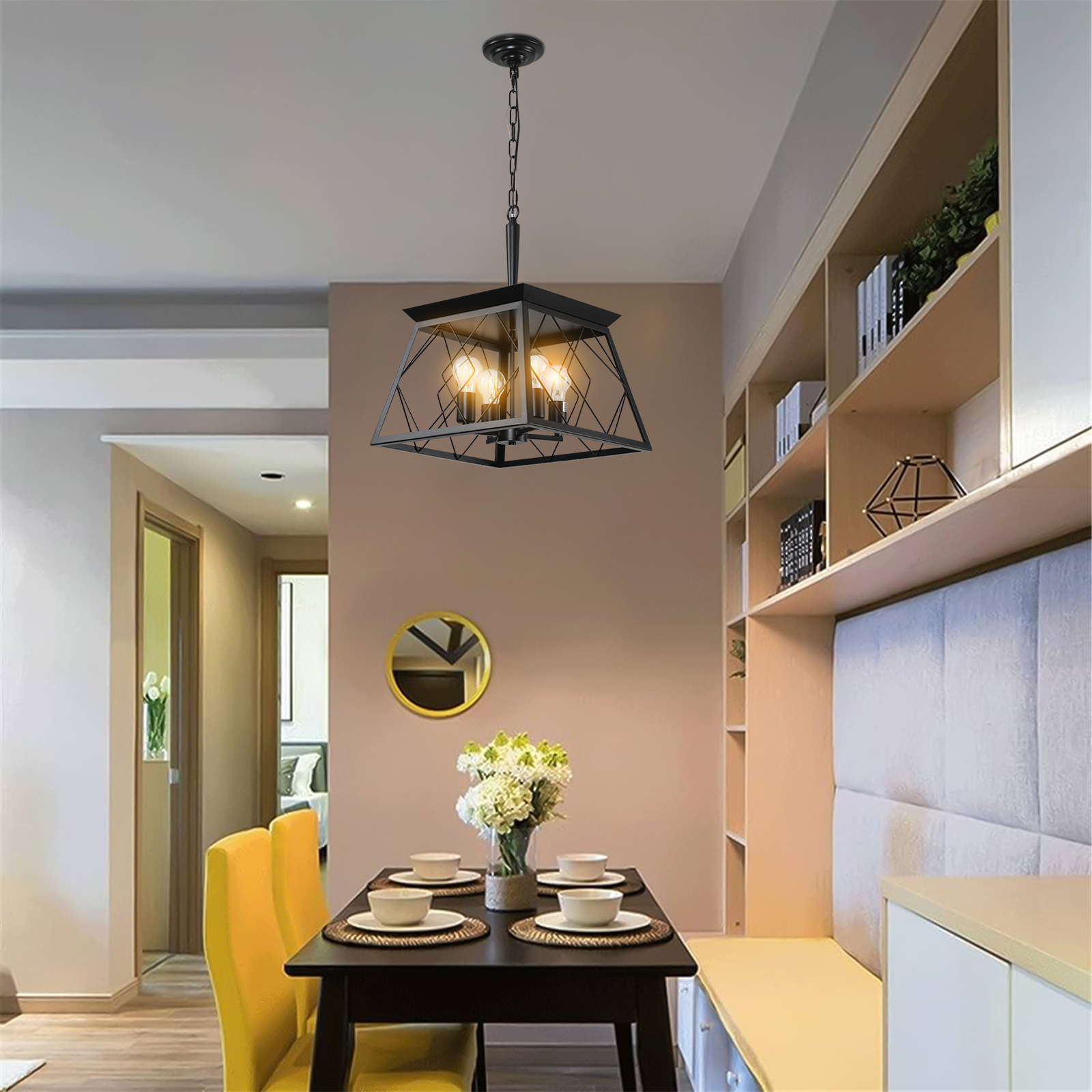 (Same as W1340111203/L1009) 16" Black Industrial 4-Light Pendant Chandelier, Modern Metal Cage Design, Adjustable Hanging Light for Dining Room, Kitchen, Living Room (No Bulbs) - Image 4