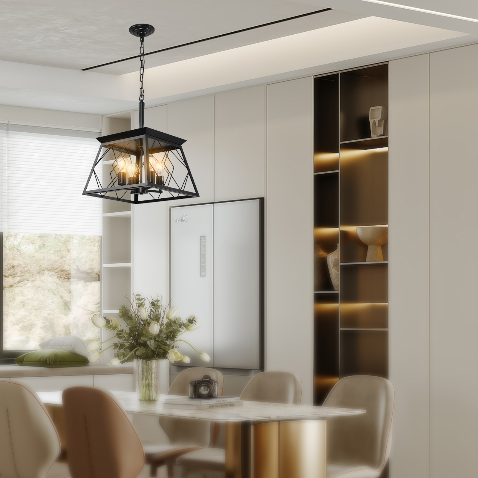 (Same as W1340111203/L1009) 16" Black Industrial 4-Light Pendant Chandelier, Modern Metal Cage Design, Adjustable Hanging Light for Dining Room, Kitchen, Living Room (No Bulbs) - Image 6