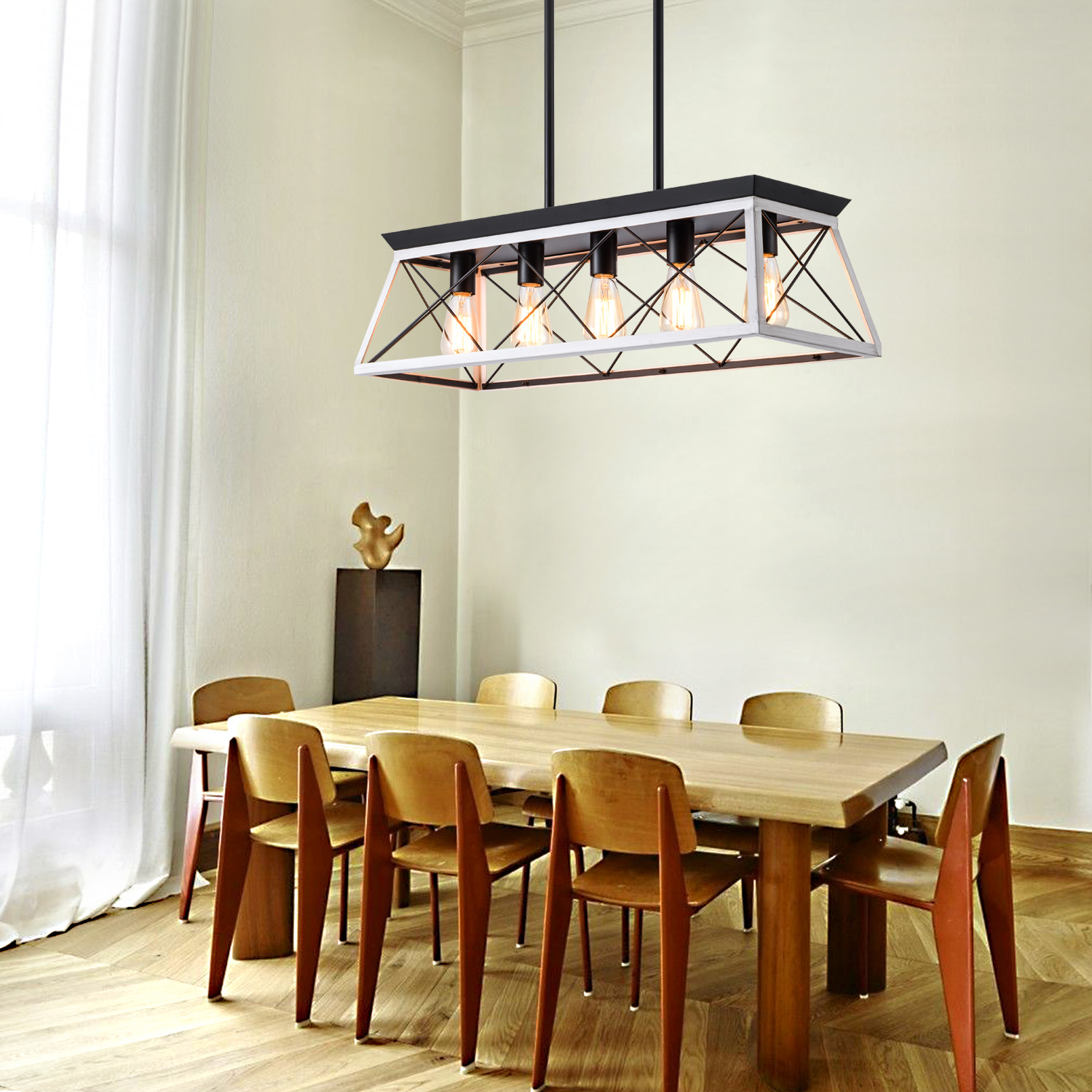 (Same as W134065438/L1001) 32" Black White Industrial 5-Light Pendant Chandelier, Modern Metal Cage Design, Adjustable Hanging Light for Dining Room, Kitchen, Living Room (No Bulbs) - Image 2