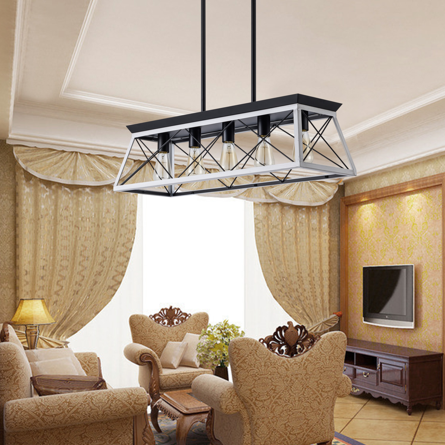 (Same as W134065438/L1001) 32" Black White Industrial 5-Light Pendant Chandelier, Modern Metal Cage Design, Adjustable Hanging Light for Dining Room, Kitchen, Living Room (No Bulbs) - Image 3