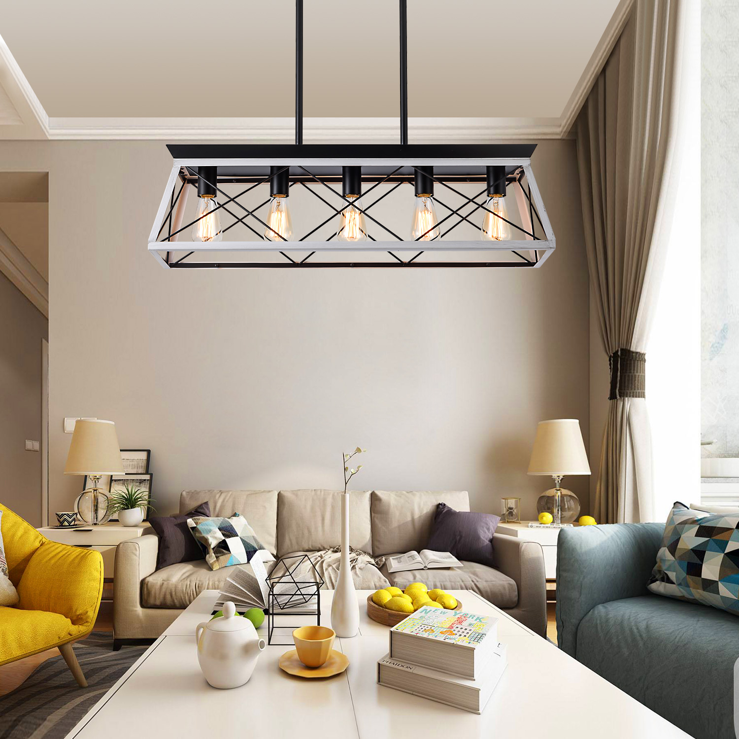 (Same as W134065438/L1001) 32" Black White Industrial 5-Light Pendant Chandelier, Modern Metal Cage Design, Adjustable Hanging Light for Dining Room, Kitchen, Living Room (No Bulbs) - Image 4