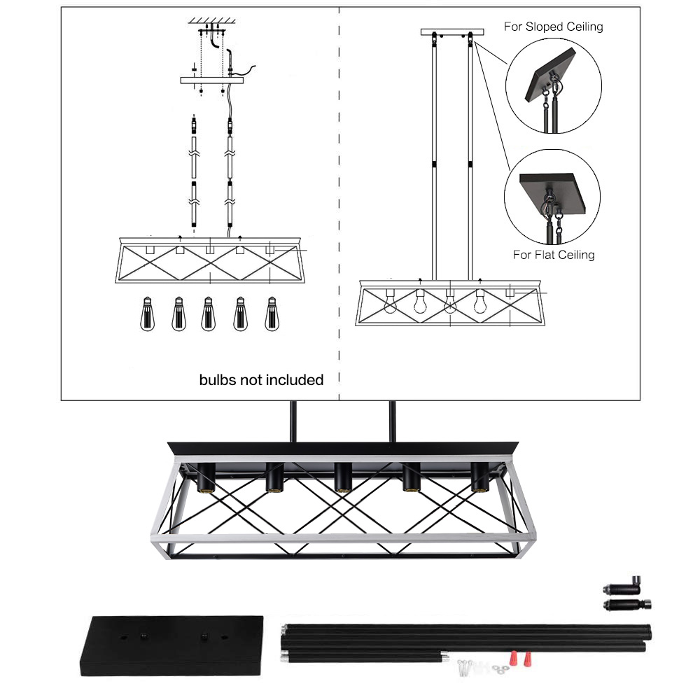 (Same as W134065438/L1001) 32" Black White Industrial 5-Light Pendant Chandelier, Modern Metal Cage Design, Adjustable Hanging Light for Dining Room, Kitchen, Living Room (No Bulbs) - Image 6