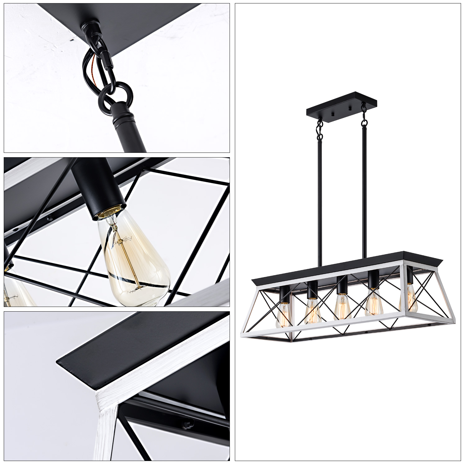 (Same as W134065438/L1001) 32" Black White Industrial 5-Light Pendant Chandelier, Modern Metal Cage Design, Adjustable Hanging Light for Dining Room, Kitchen, Living Room (No Bulbs) - Image 5