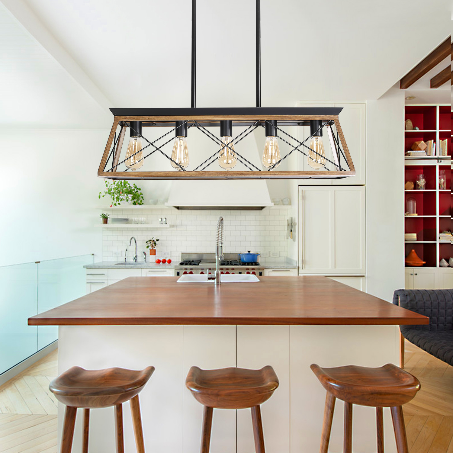 (Same as W134067498/L1003) 32" Walnut Industrial 5-Light Pendant Chandelier, Modern Metal Cage Design, Adjustable Hanging Light for Dining Room, Kitchen, Living Room (No Bulbs) - Image 2