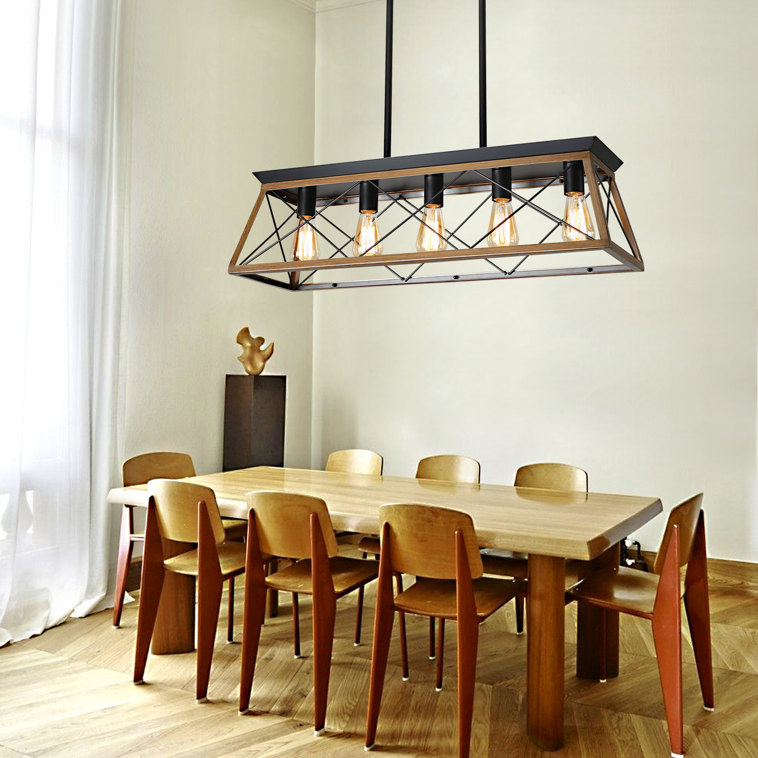 (Same as W134067498/L1003) 32" Walnut Industrial 5-Light Pendant Chandelier, Modern Metal Cage Design, Adjustable Hanging Light for Dining Room, Kitchen, Living Room (No Bulbs) - Image 3