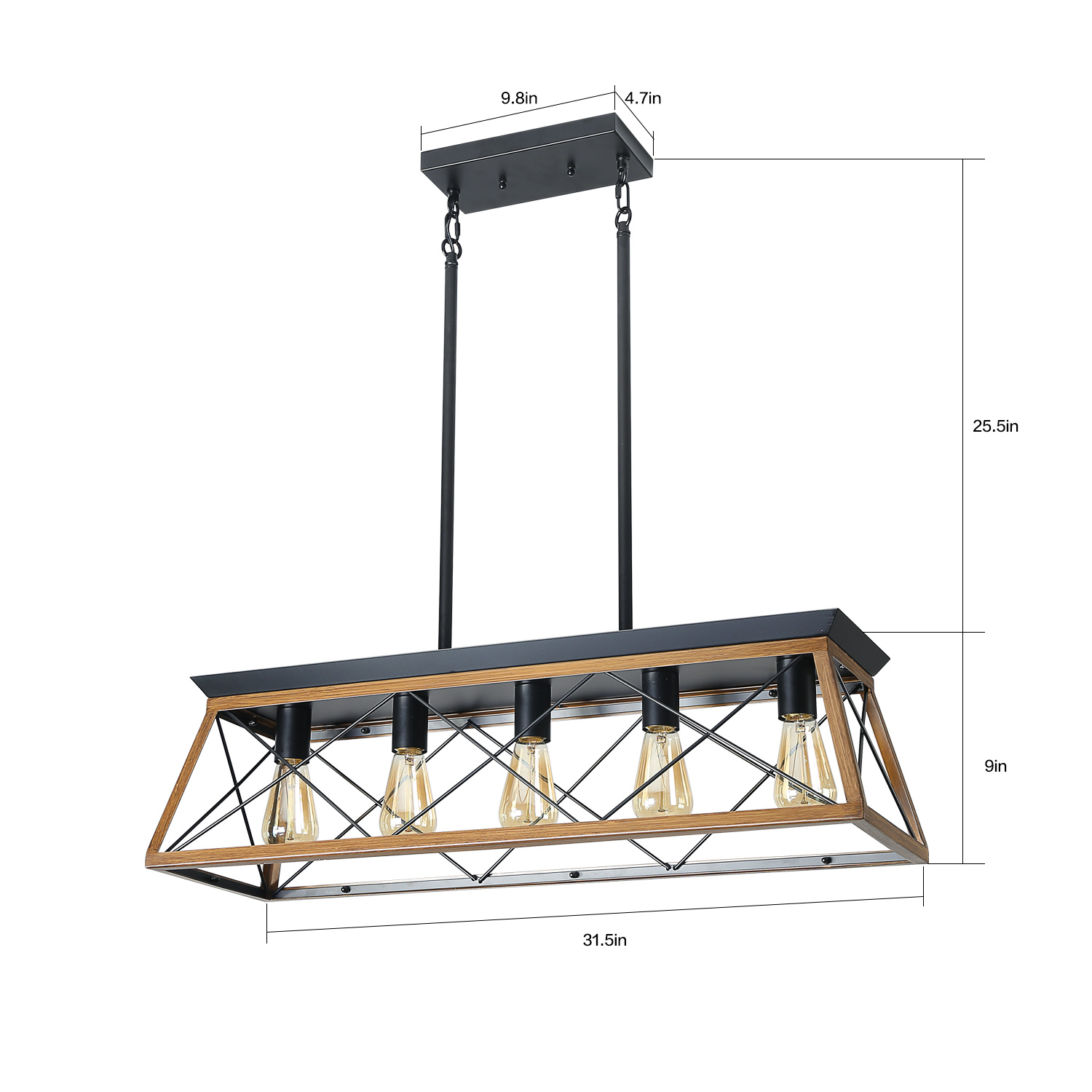(Same as W134067498/L1003) 32" Walnut Industrial 5-Light Pendant Chandelier, Modern Metal Cage Design, Adjustable Hanging Light for Dining Room, Kitchen, Living Room (No Bulbs) - Image 5