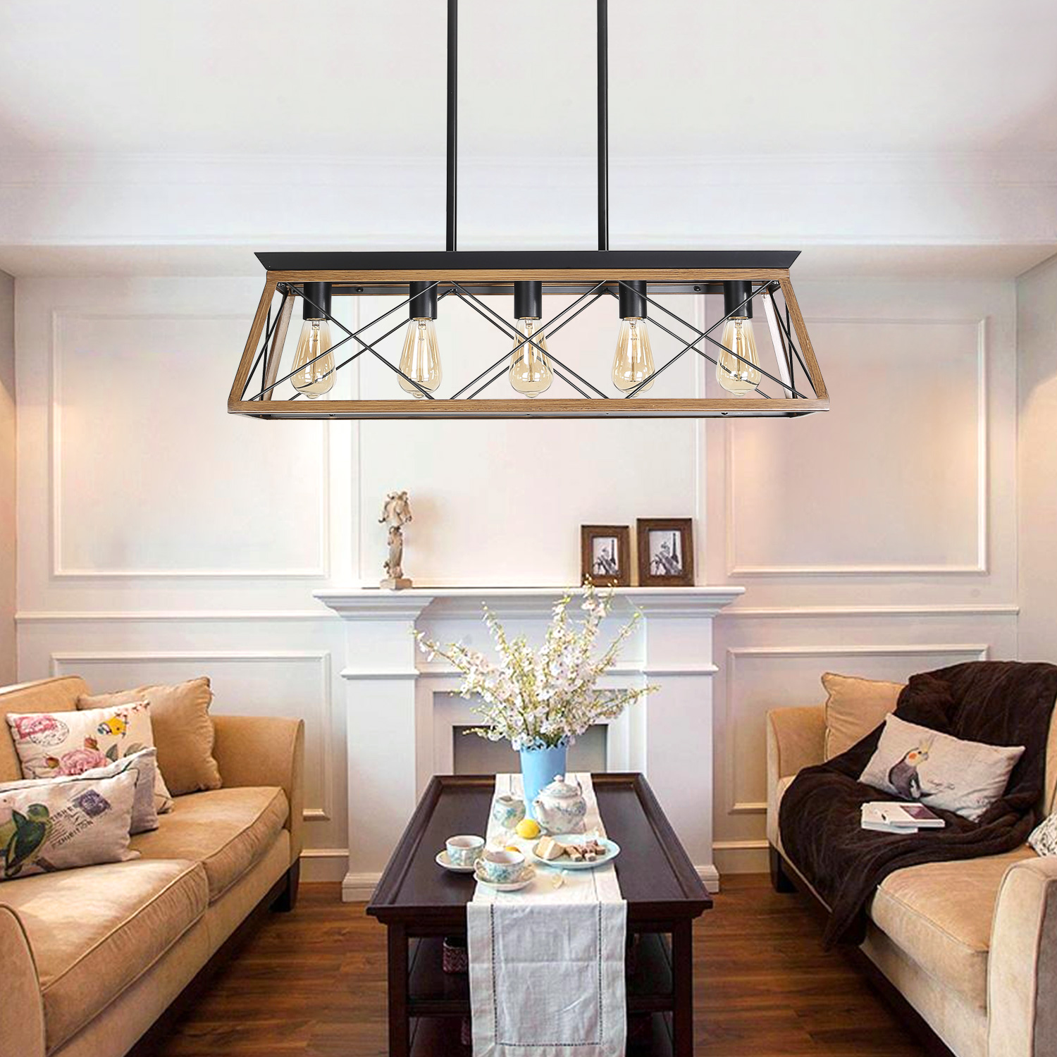 (Same as W134067498/L1003) 32" Walnut Industrial 5-Light Pendant Chandelier, Modern Metal Cage Design, Adjustable Hanging Light for Dining Room, Kitchen, Living Room (No Bulbs) - Image 4