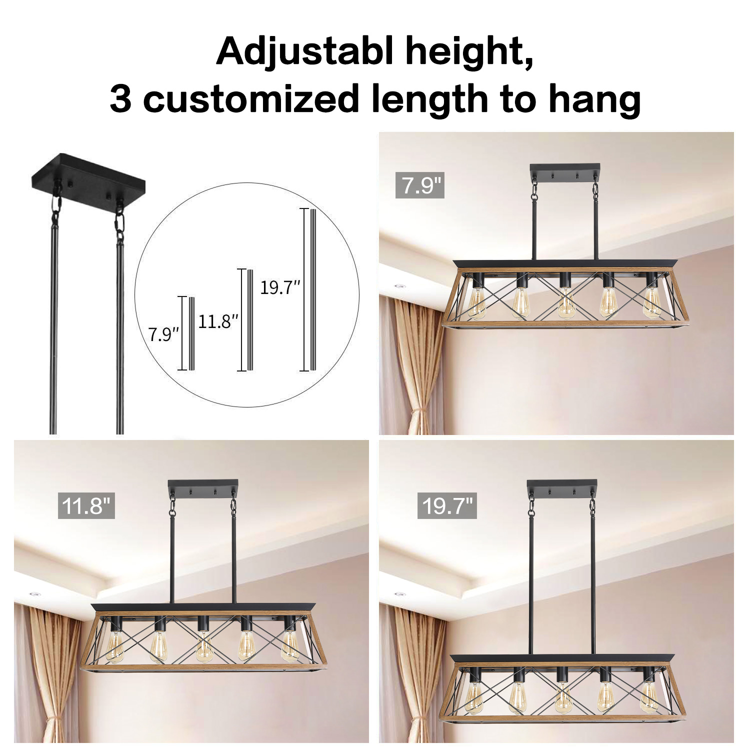 (Same as W134067498/L1003) 32" Walnut Industrial 5-Light Pendant Chandelier, Modern Metal Cage Design, Adjustable Hanging Light for Dining Room, Kitchen, Living Room (No Bulbs) - Image 6