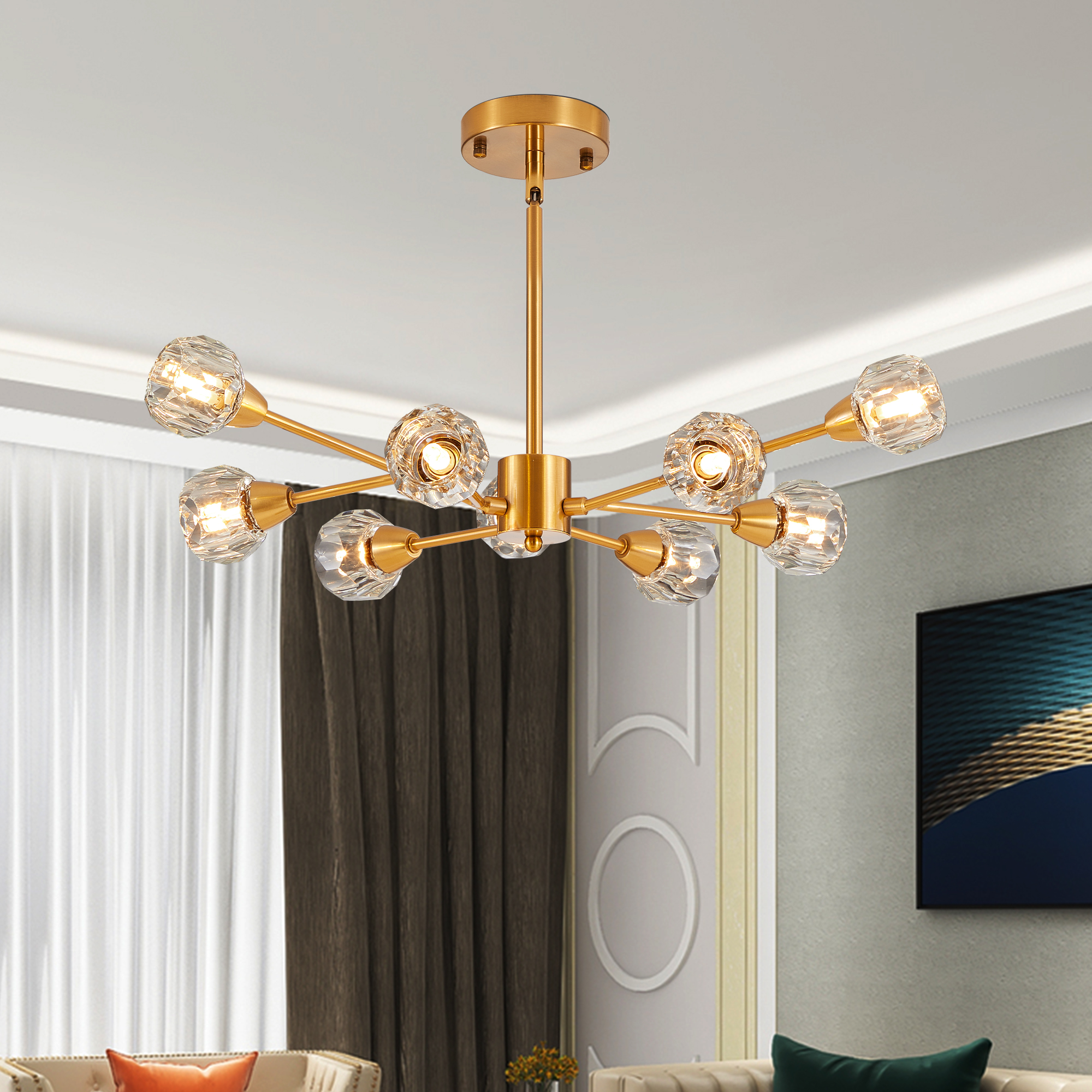 28" Modern Crystal Chandeliers, 9 Lights Golden Chandelier for Living Room Bedroom, Dining Room Chandelier Over Table, Kitchen Light Fixtures (Bulbs Not Included) - Image 2