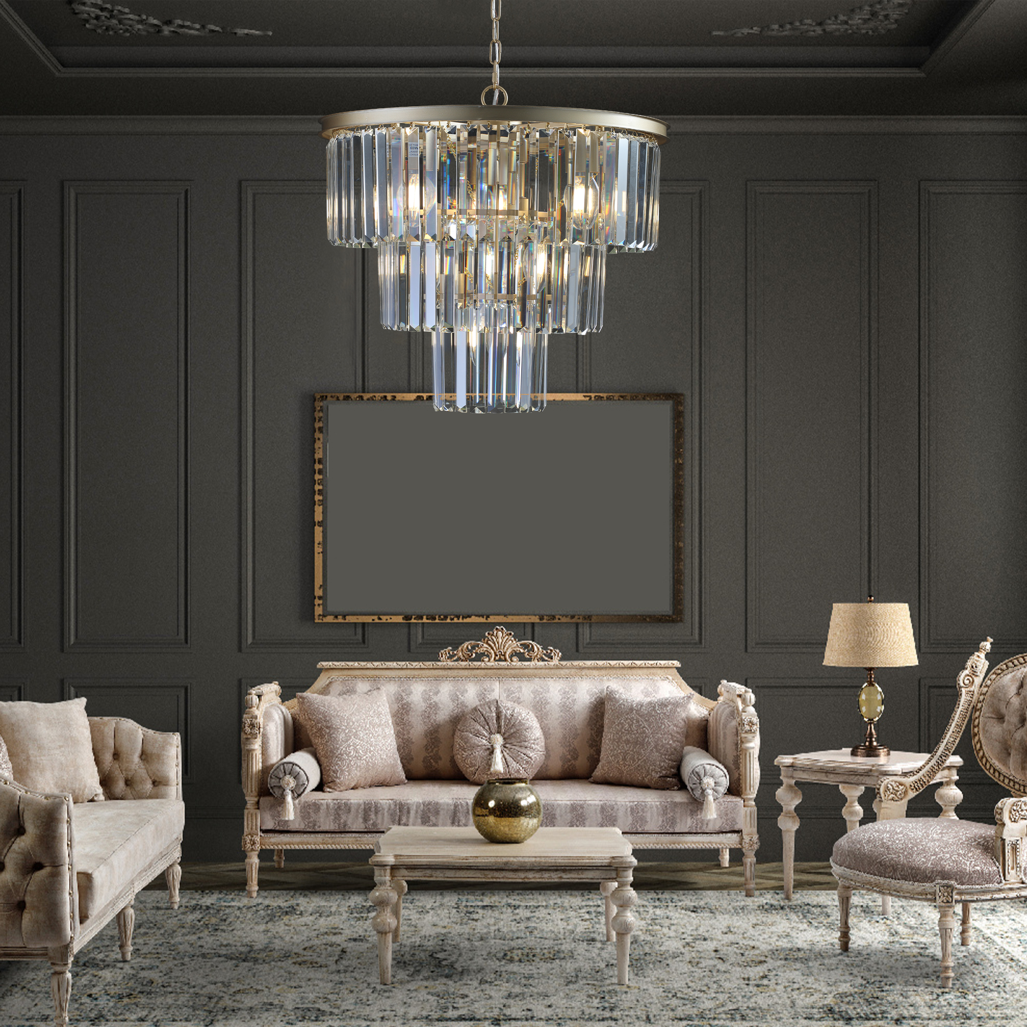(Same as W1340P143192/L5007-500-G) 20" Luxury 3-Tier Crystal Chandelier, 7-Light Gold Frame Pendant Light, Elegant Ceiling Lighting for Living Room, Dining Room, Bedroom (No Bulbs) - Image 4