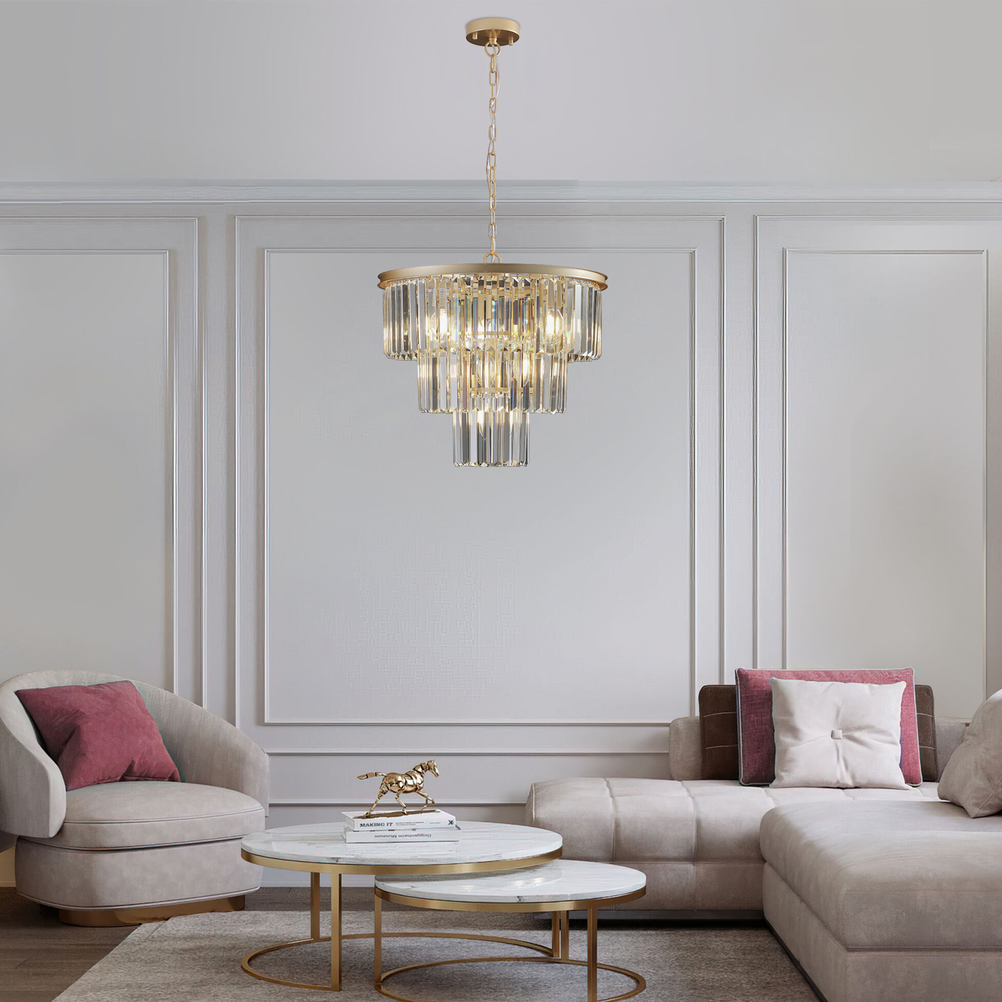 (Same as W1340P143192/L5007-500-G) 20" Luxury 3-Tier Crystal Chandelier, 7-Light Gold Frame Pendant Light, Elegant Ceiling Lighting for Living Room, Dining Room, Bedroom (No Bulbs) - Image 5