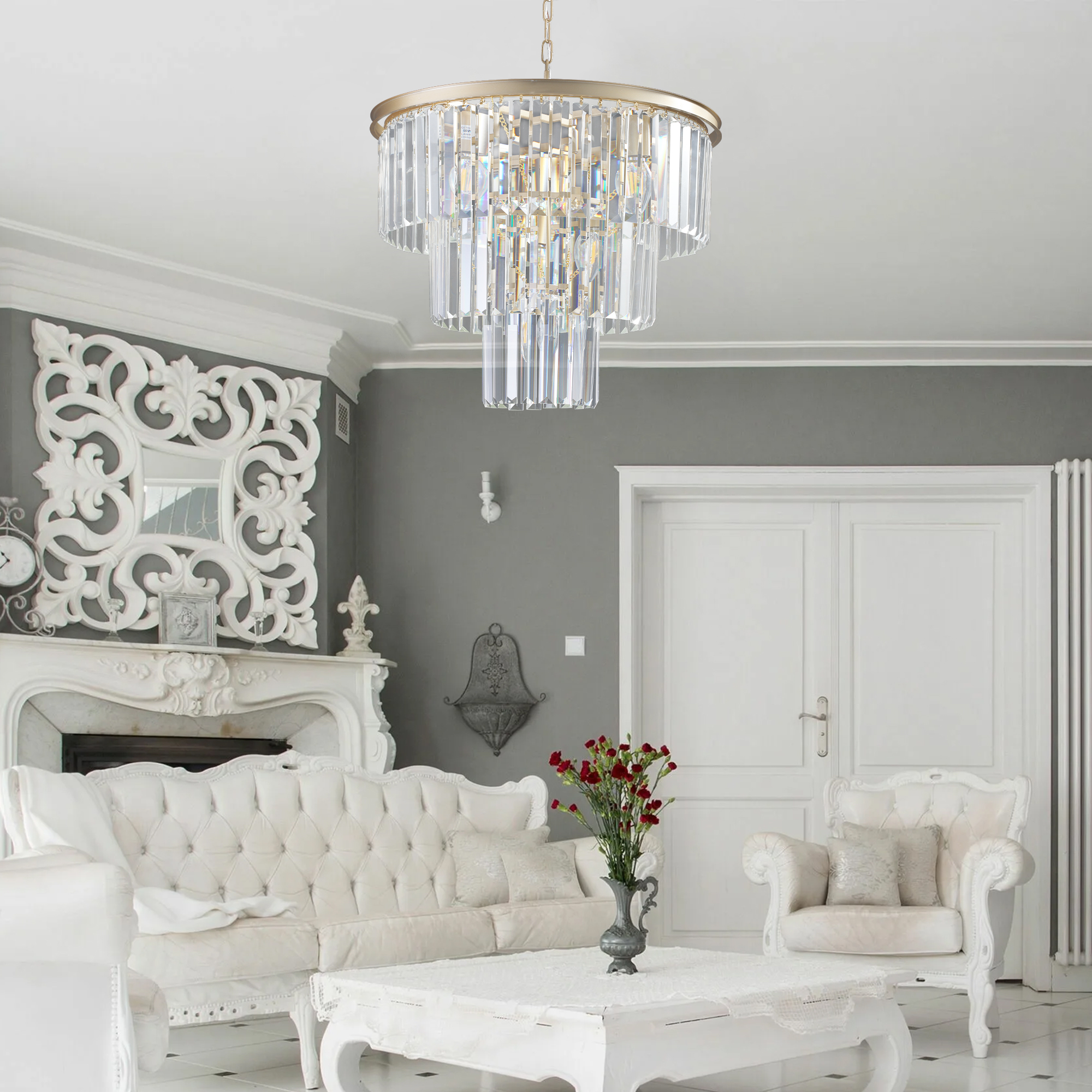 (Same as W1340P143192/L5007-500-G) 20" Luxury 3-Tier Crystal Chandelier, 7-Light Gold Frame Pendant Light, Elegant Ceiling Lighting for Living Room, Dining Room, Bedroom (No Bulbs) - Image 6