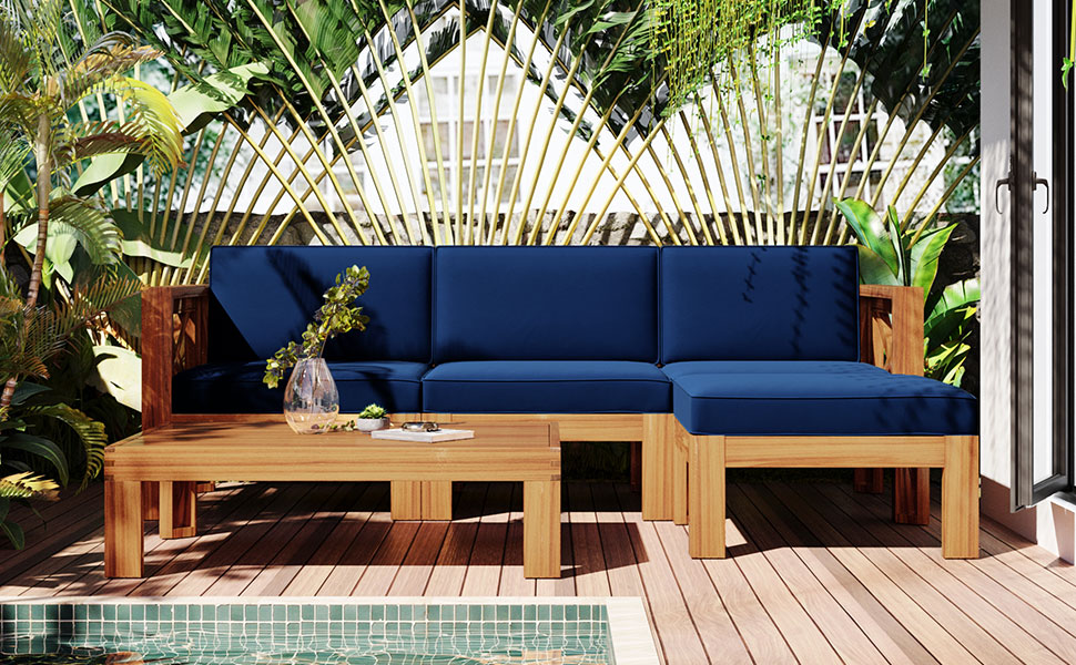 TOPMAX Outdoor Backyard Patio Wood 5-Piece Sectional Sofa Seating Group Set with Cushions, Natural Finish+ Blue Cushions - Image 3
