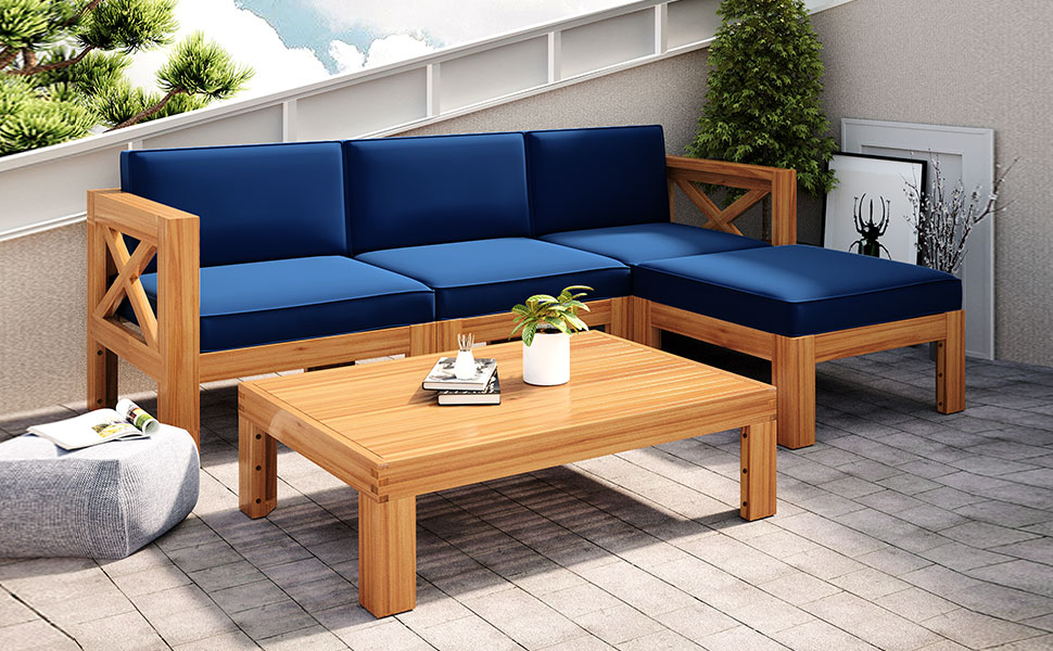 TOPMAX Outdoor Backyard Patio Wood 5-Piece Sectional Sofa Seating Group Set with Cushions, Natural Finish+ Blue Cushions - Image 4