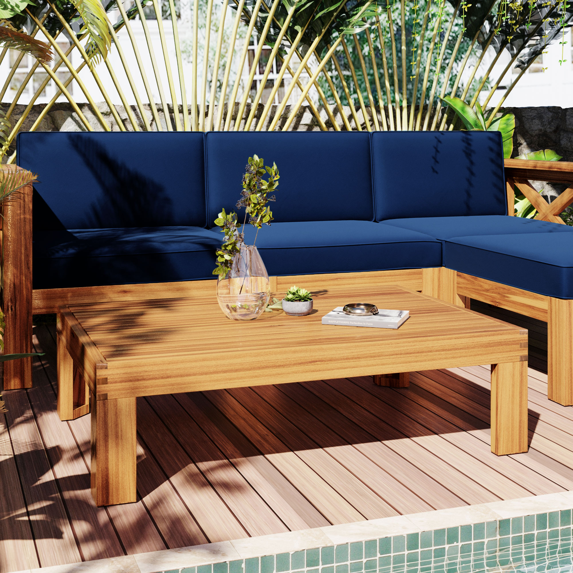 TOPMAX Outdoor Backyard Patio Wood 5-Piece Sectional Sofa Seating Group Set with Cushions, Natural Finish+ Blue Cushions - Image 5