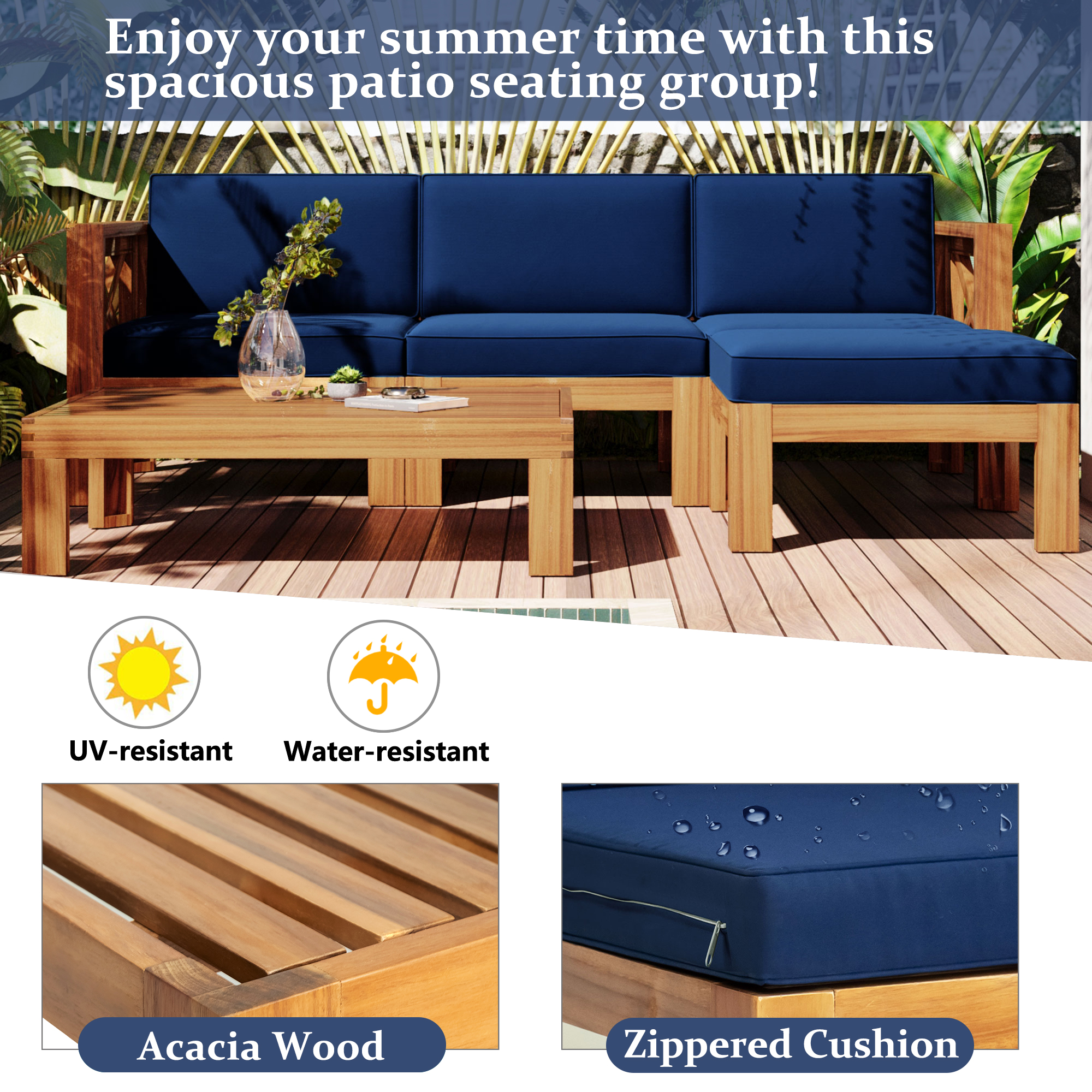 TOPMAX Outdoor Backyard Patio Wood 5-Piece Sectional Sofa Seating Group Set with Cushions, Natural Finish+ Blue Cushions - Image 6