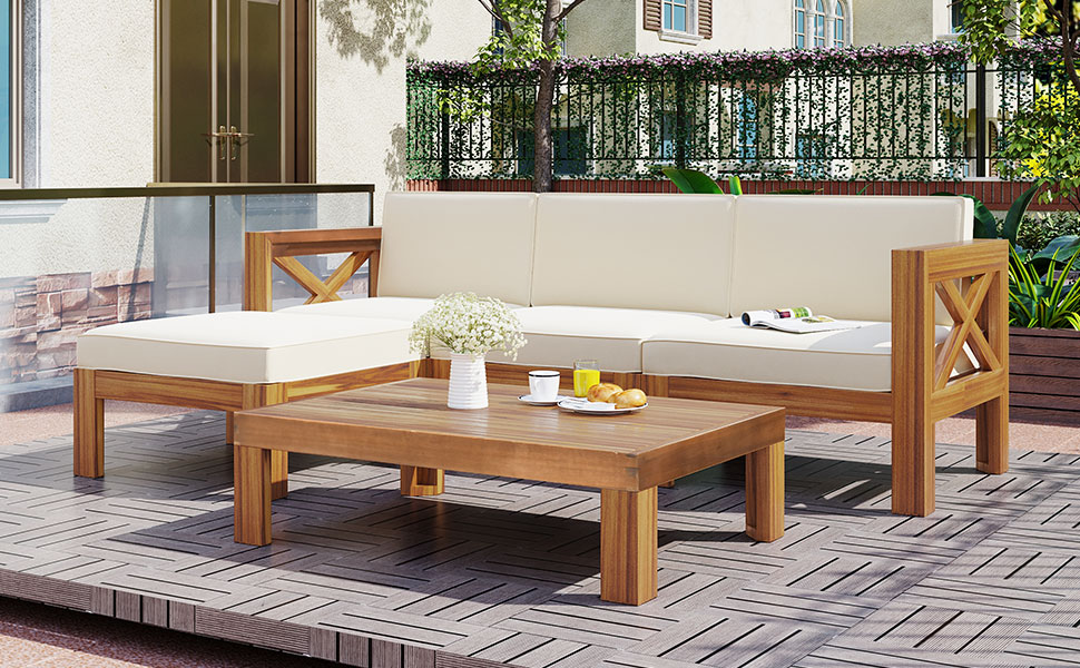 TOPMAX Outdoor Backyard Patio Wood 5-Piece Sectional Sofa Seating Group Set with Cushions, Natural Finish+ Beige Cushions - Image 3
