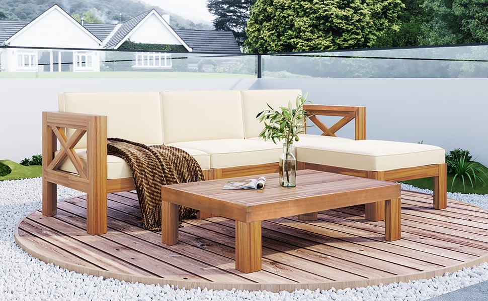 TOPMAX Outdoor Backyard Patio Wood 5-Piece Sectional Sofa Seating Group Set with Cushions, Natural Finish+ Beige Cushions - Image 4