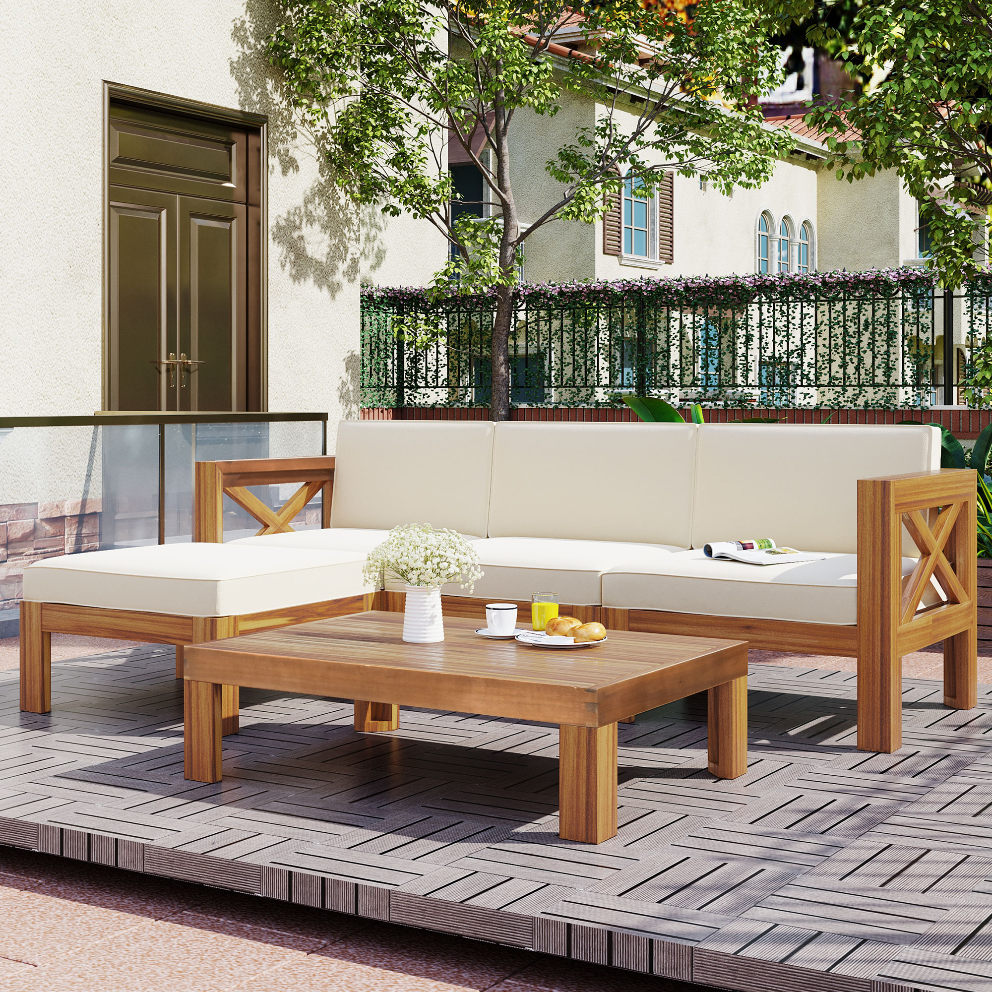 TOPMAX Outdoor Backyard Patio Wood 5-Piece Sectional Sofa Seating Group Set with Cushions, Natural Finish+ Beige Cushions - Image 5