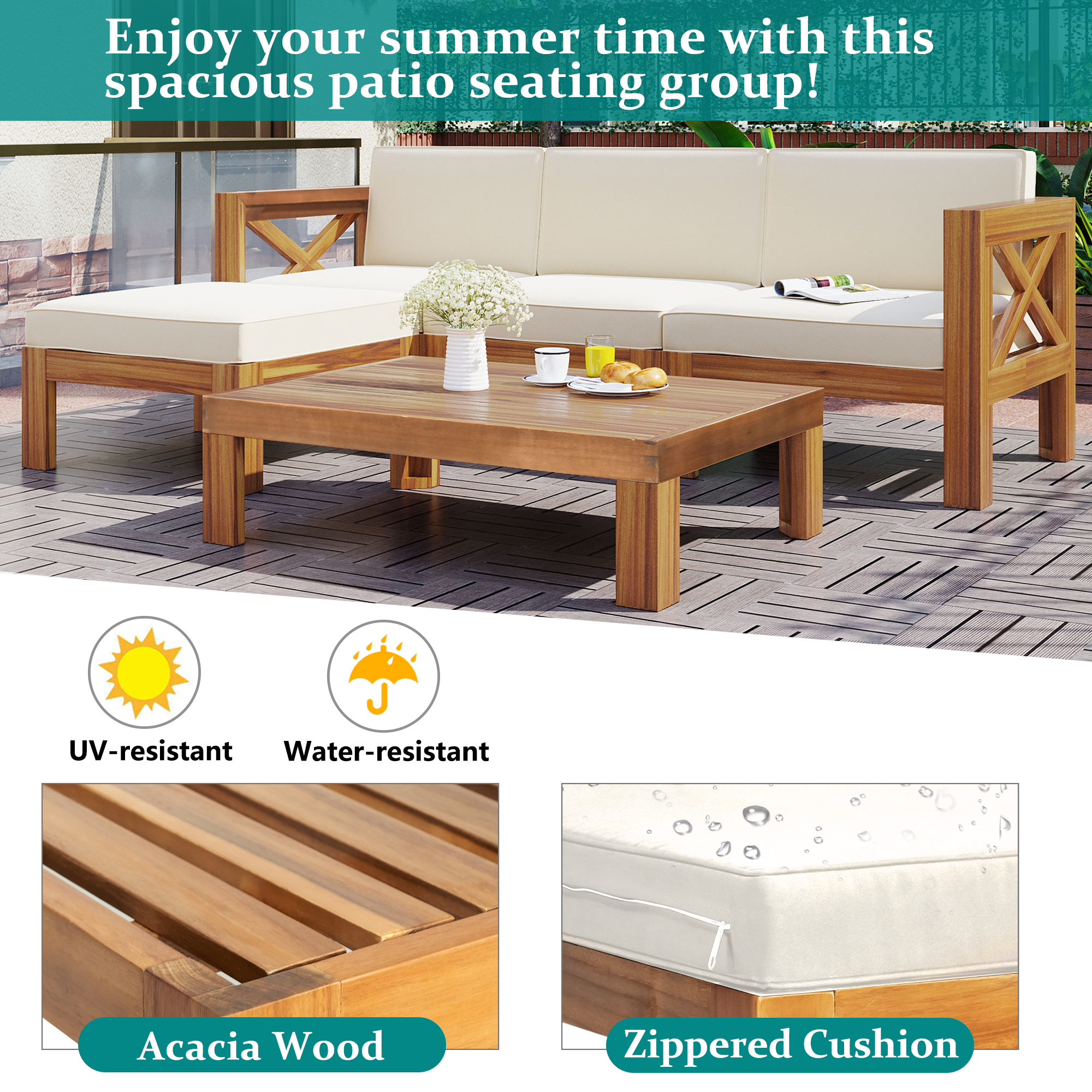 TOPMAX Outdoor Backyard Patio Wood 5-Piece Sectional Sofa Seating Group Set with Cushions, Natural Finish+ Beige Cushions - Image 6