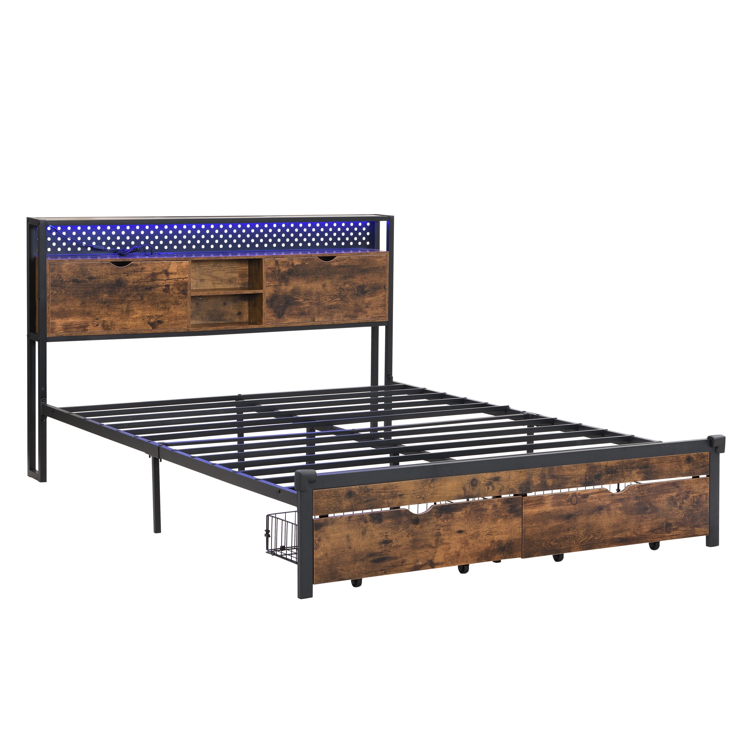 Queen Size Metal Platform Bed Frame with Wooden Headboard and with Footboard USB,Charging Station,2 Drawers,storage, LED Lights, No Box Spring Needed, Easy Assemble - Image 4