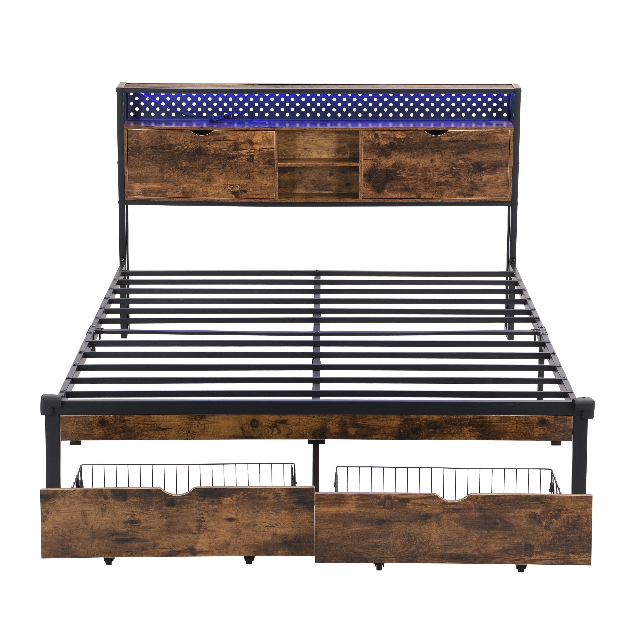 Queen Size Metal Platform Bed Frame with Wooden Headboard and with Footboard USB,Charging Station,2 Drawers,storage, LED Lights, No Box Spring Needed, Easy Assemble - Image 5