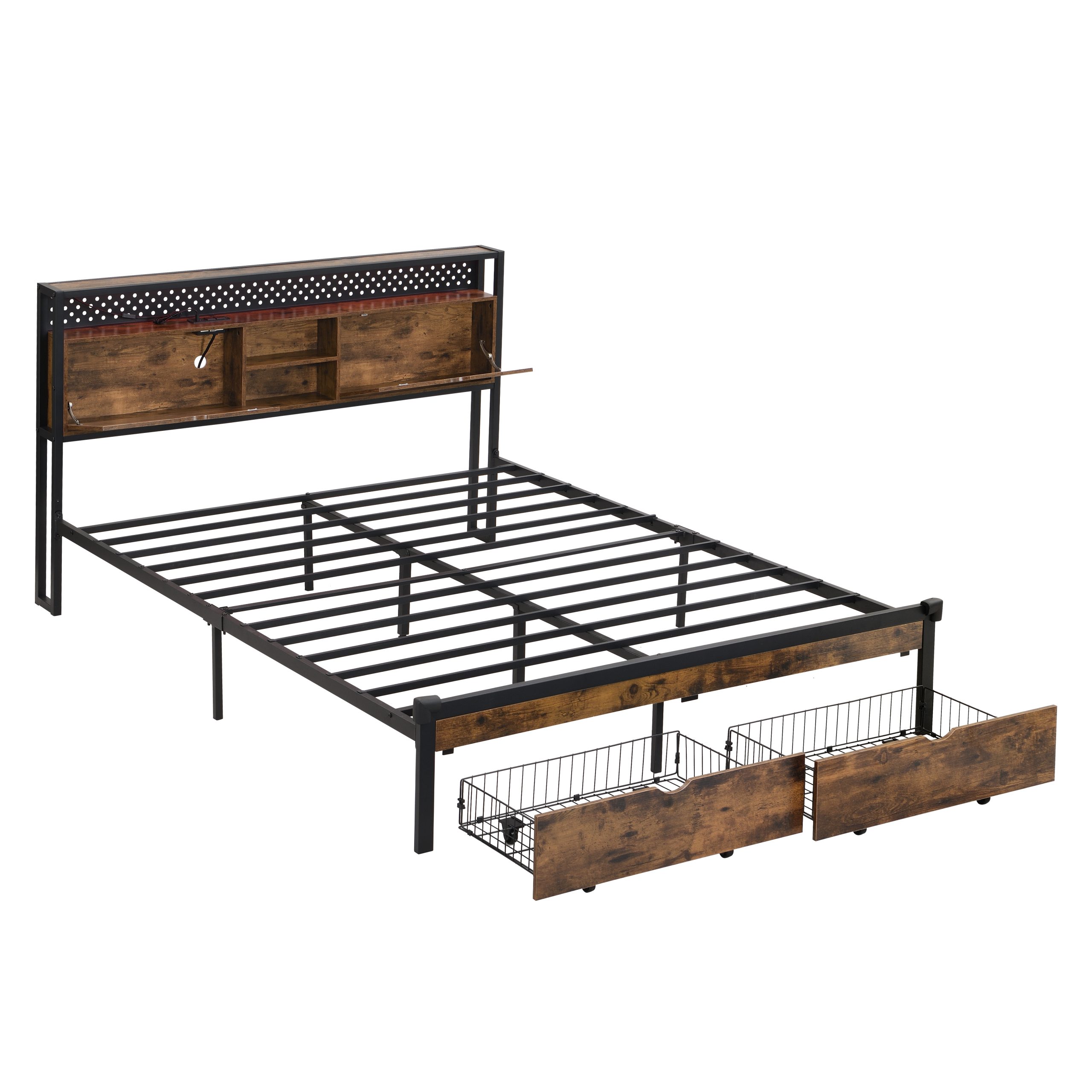 Queen Size Metal Platform Bed Frame with Wooden Headboard and with Footboard USB,Charging Station,2 Drawers,storage, LED Lights, No Box Spring Needed, Easy Assemble - Image 6