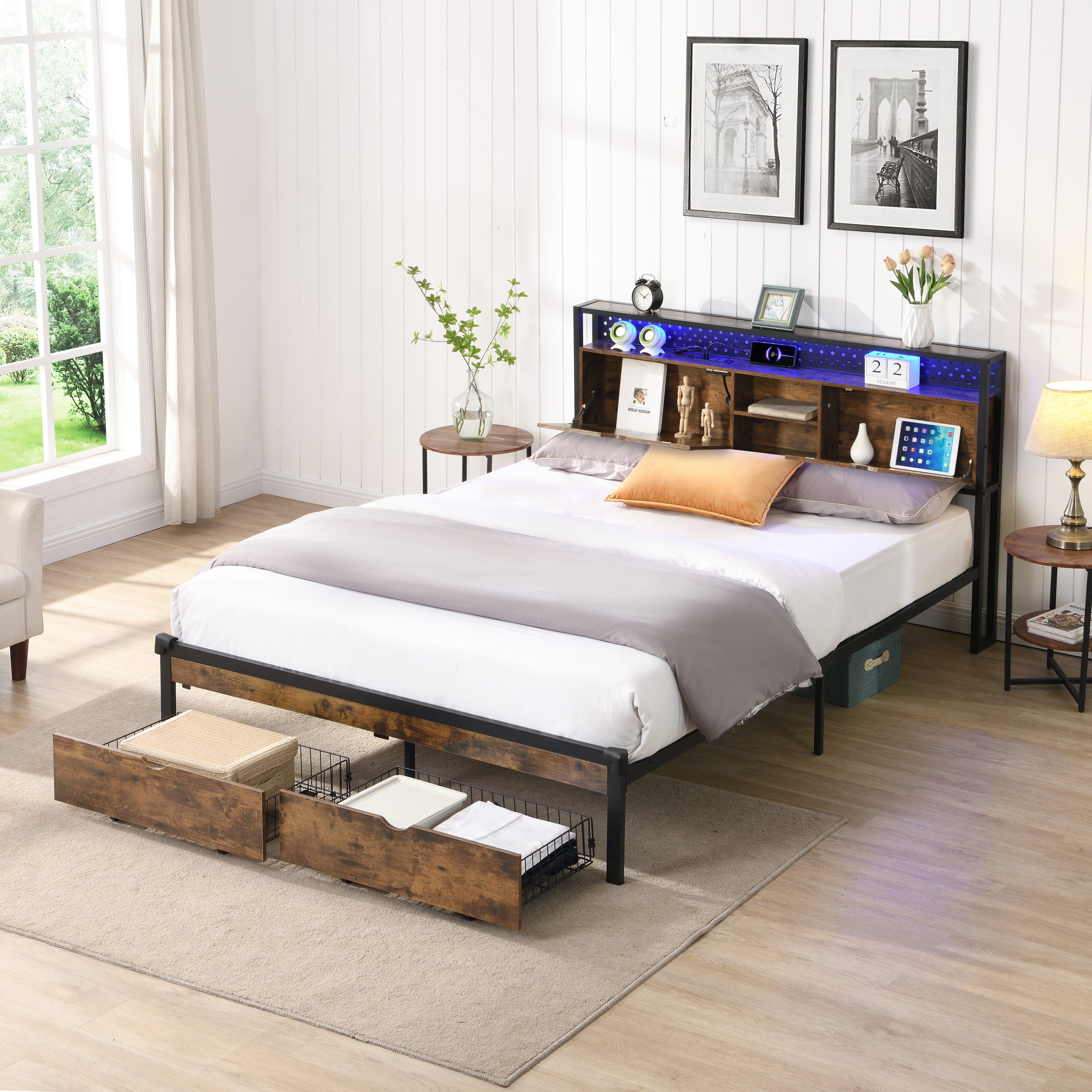 Full Size Metal Platform Bed Frame with Wooden Headboard and with Footboard USB,Charging Station,2 Drawers,storage, LED Lights, No Box Spring Needed, Easy Assemble