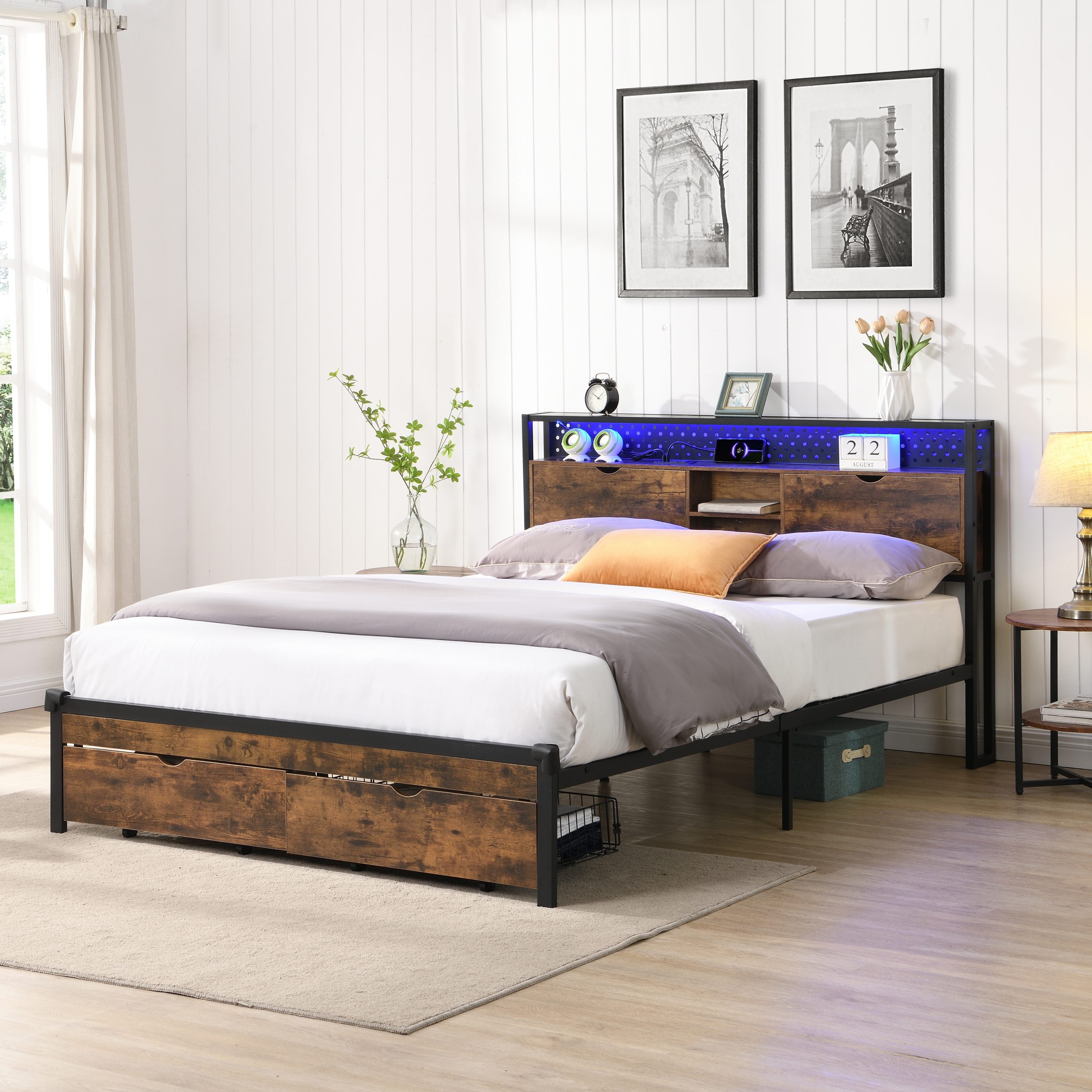 Full Size Metal Platform Bed Frame with Wooden Headboard and with Footboard USB,Charging Station,2 Drawers,storage, LED Lights, No Box Spring Needed, Easy Assemble - Image 2