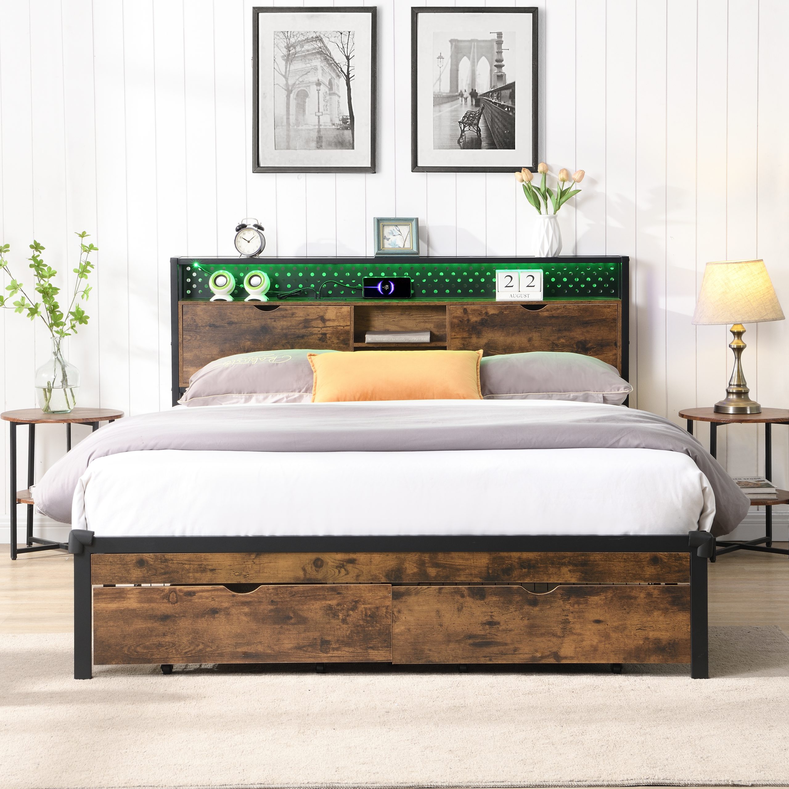 Full Size Metal Platform Bed Frame with Wooden Headboard and with Footboard USB,Charging Station,2 Drawers,storage, LED Lights, No Box Spring Needed, Easy Assemble - Image 3